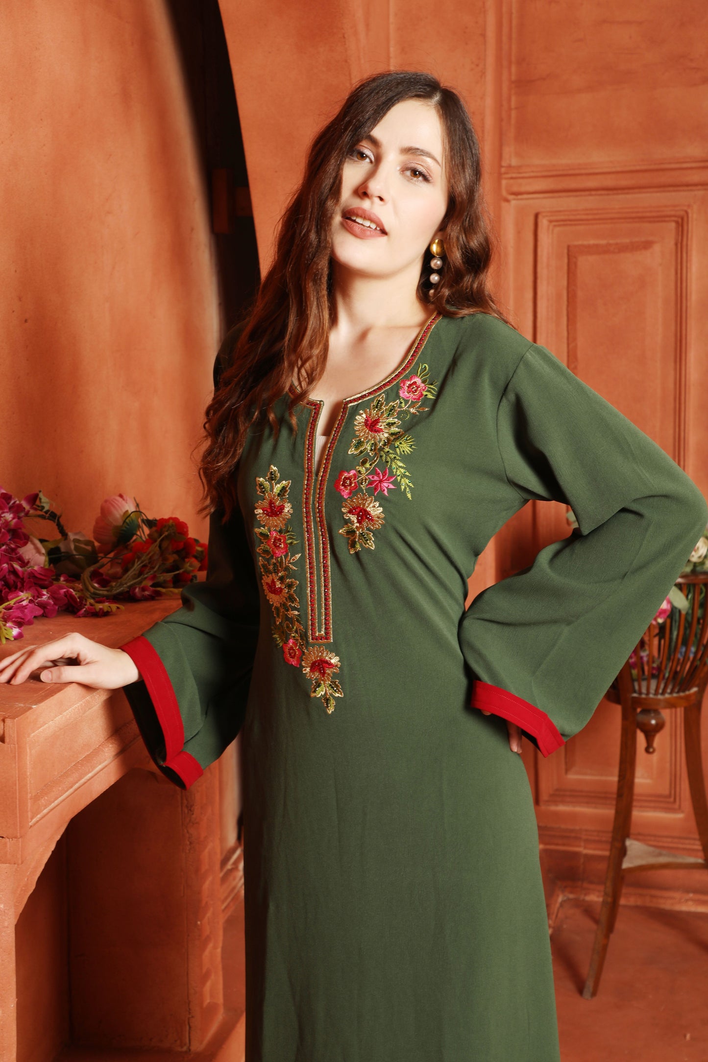 Olive Green Jalabiya with Floral Thread Embroidery Maxim Creation Olive Green Jalabiya with Floral Thread Embroidery Maxim Creation