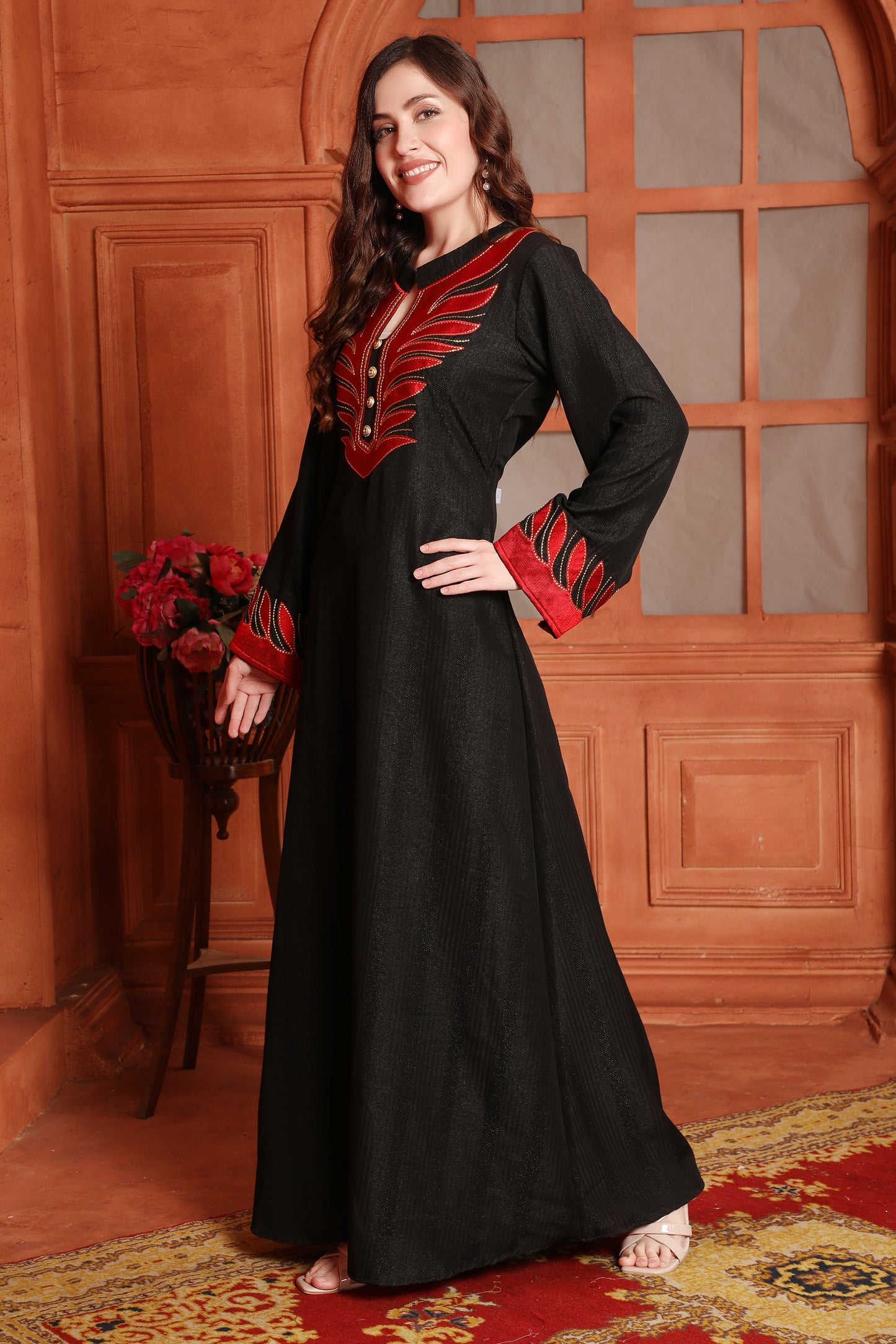 Designer Jalabiya in Black with Red Embroidery and Buttons Maxim Creation Designer Jalabiya in Black with Red Embroidery and Buttons Maxim Creation