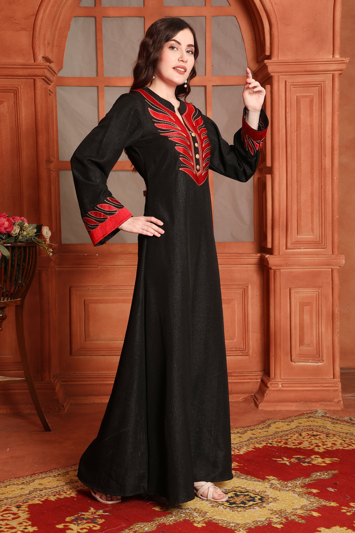 Designer Jalabiya in Black with Red Embroidery and Buttons – Maxim Creation