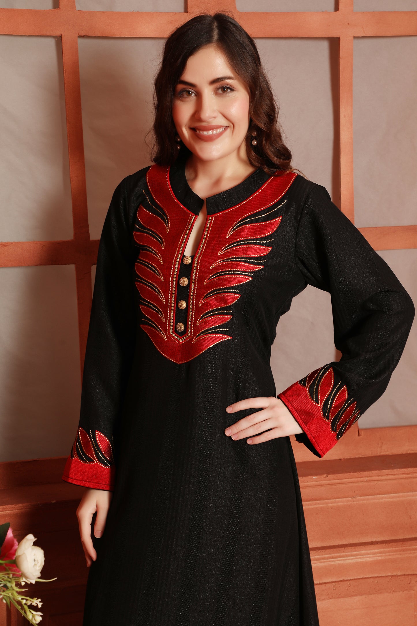 Designer Jalabiya in Black with Red Embroidery and Buttons Maxim Creation Designer Jalabiya in Black with Red Embroidery and Buttons Maxim Creation
