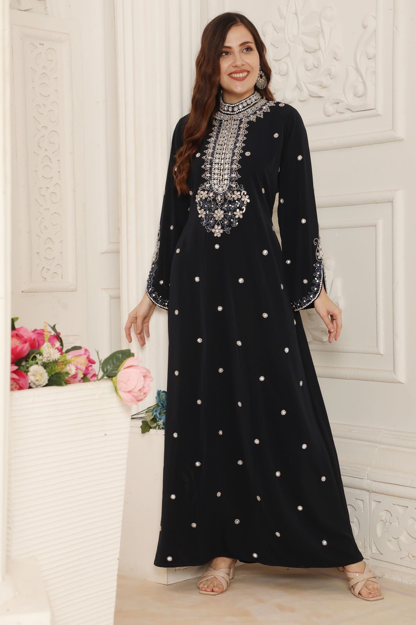 Navy Blue Crystal Bling Embroidered Flared Wedding Gown – Maxim Creation