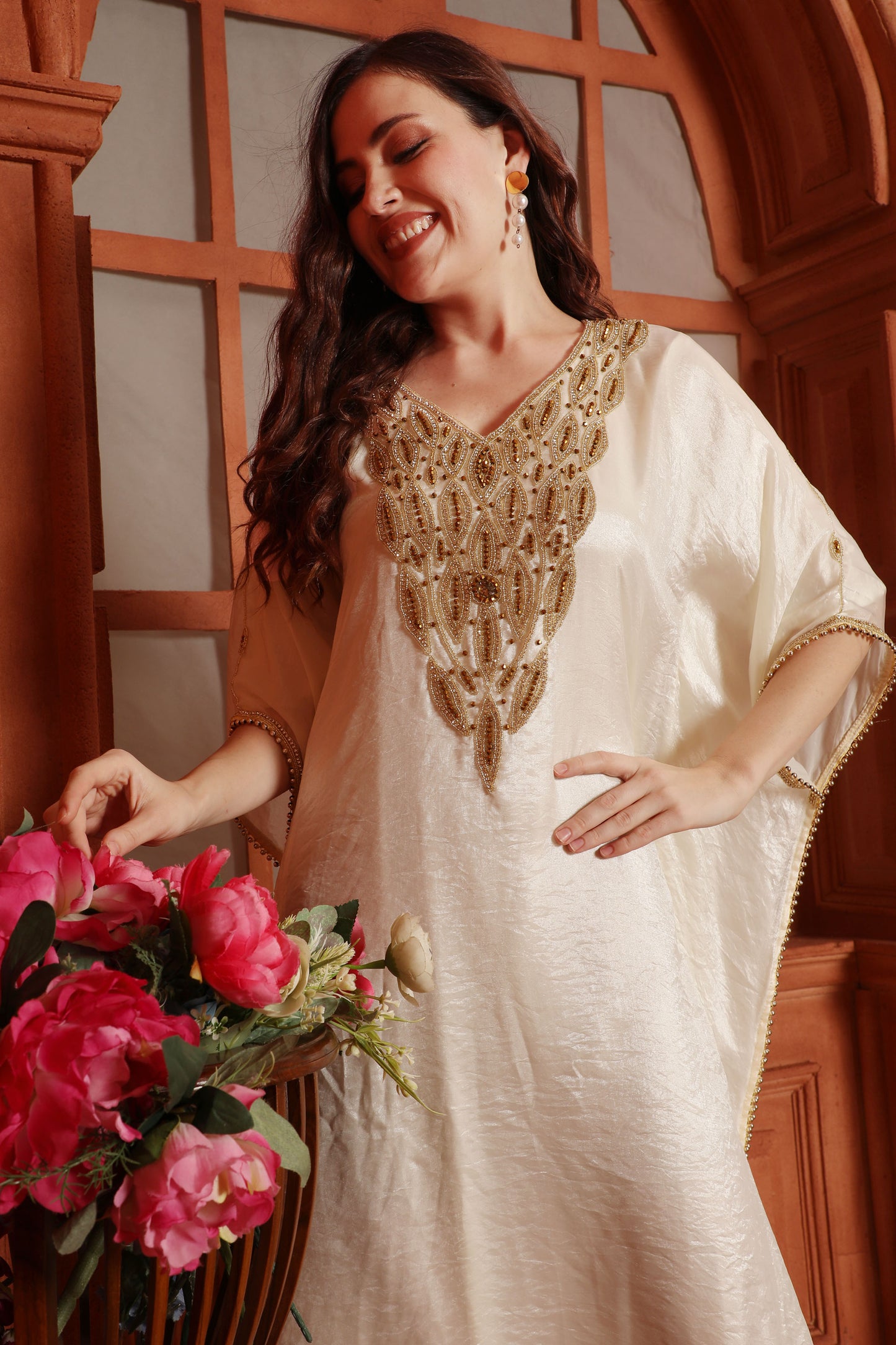 white and gold party dress Off White Kaftan Gold Hand-Embroidered Day-Party Dress 5XL / 54 Inches / No Scarf
