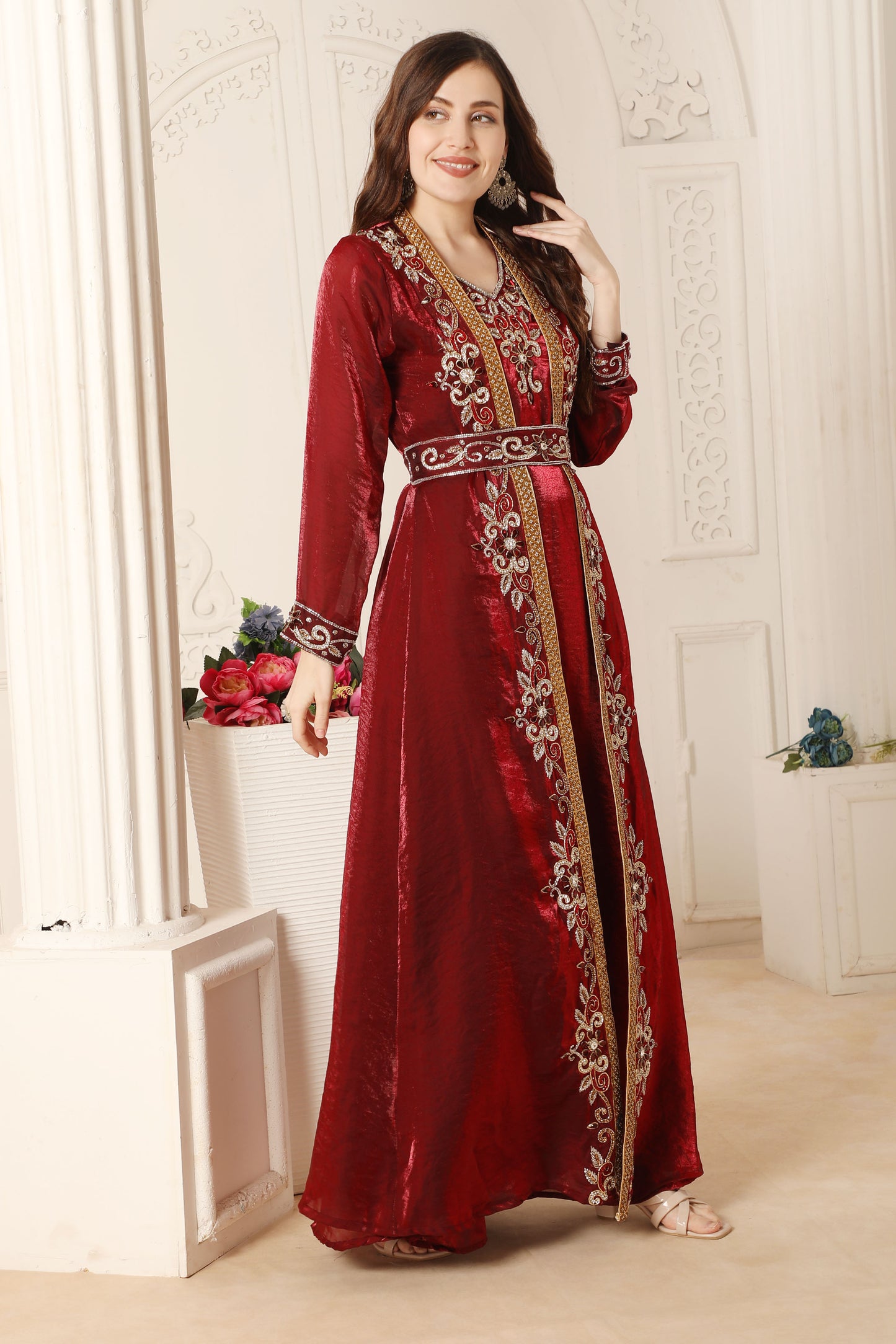 Maroon and Gold Zari Embroidered Front-Open Wedding Gown Maxim Creation Maroon and Gold Zari Embroidered Front-Open Wedding Gown Maxim Creation