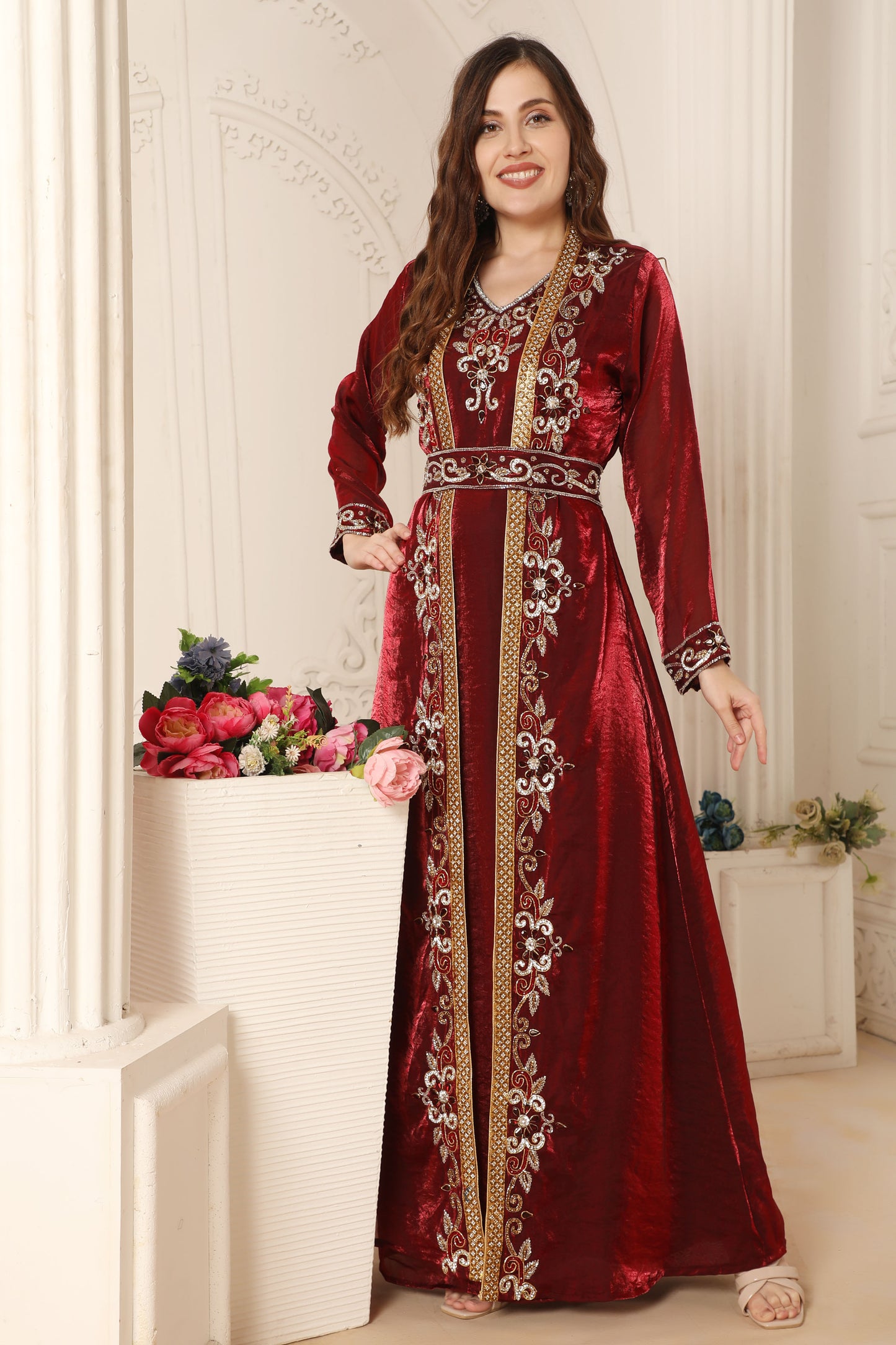 Maroon and Gold Zari Embroidered Front-Open Wedding Gown Maxim Creation Maroon and Gold Zari Embroidered Front-Open Wedding Gown Maxim Creation
