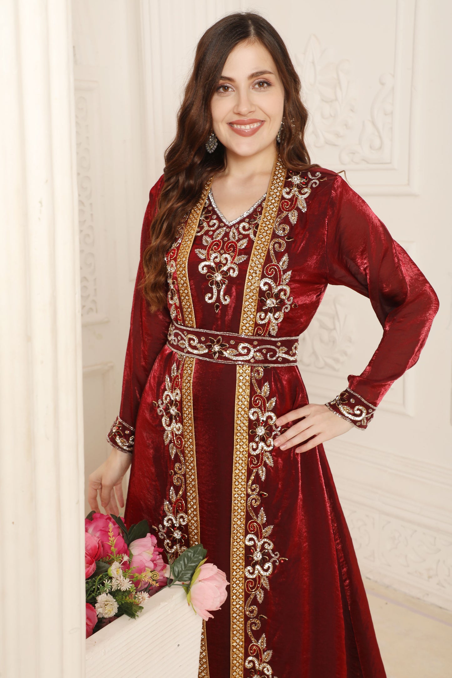 Maroon and Gold Zari Embroidered Front-Open Wedding Gown Maxim Creation Maroon and Gold Zari Embroidered Front-Open Wedding Gown Maxim Creation