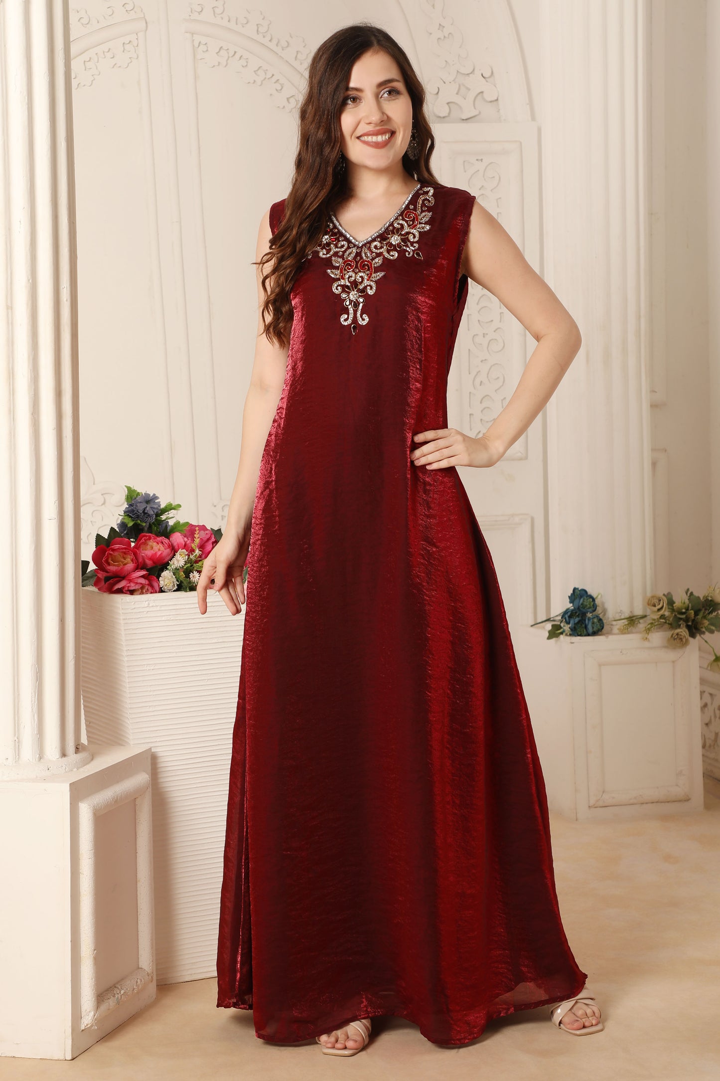 Maroon and Gold Zari Embroidered Front-Open Wedding Gown Maxim Creation Maroon and Gold Zari Embroidered Front-Open Wedding Gown Maxim Creation