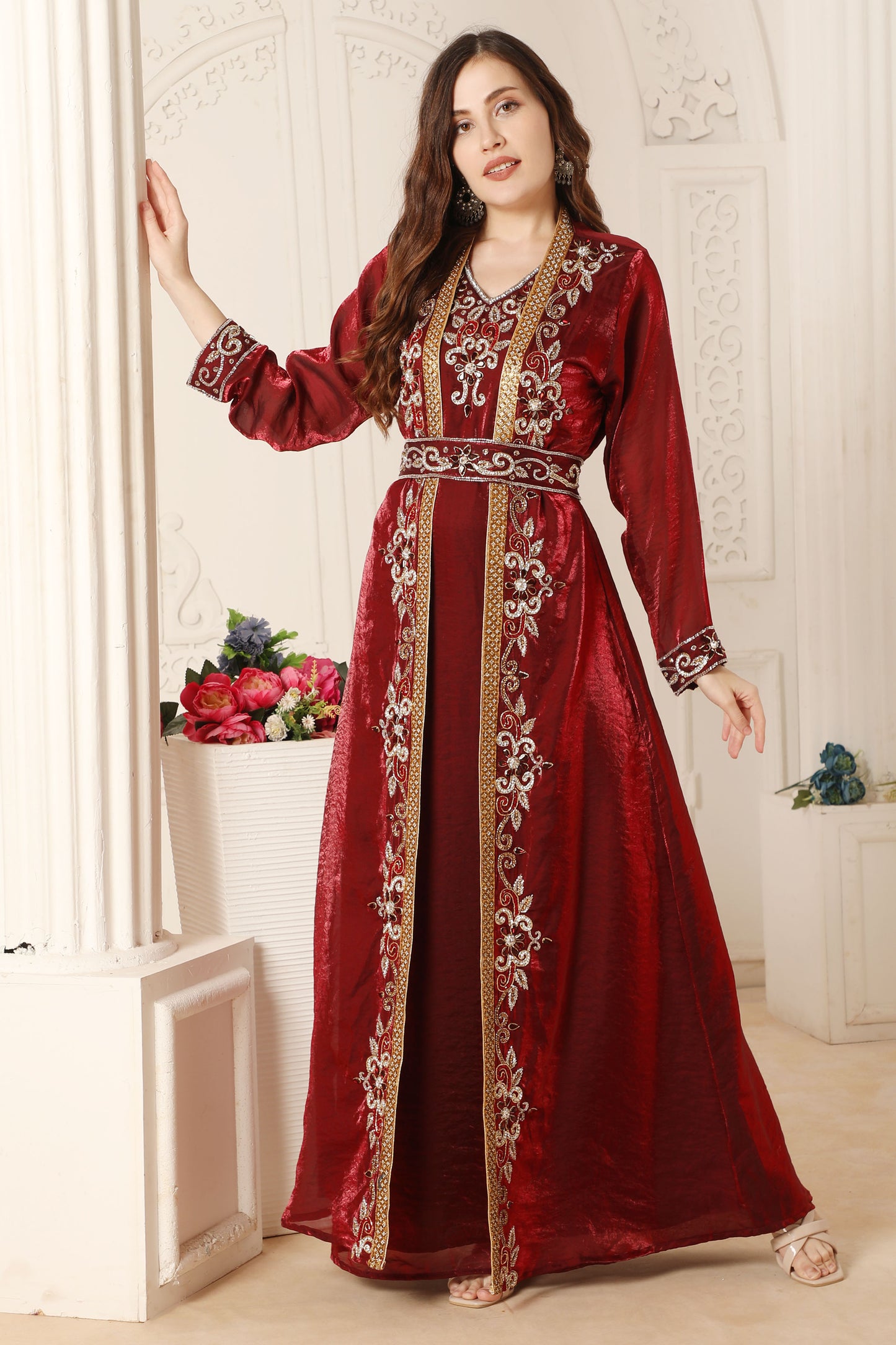 Maroon and Gold Zari Embroidered Front-Open Wedding Gown XL / 58 Inches / No Scarf Maroon and Gold Zari Embroidered Front-Open Wedding Gown XL / 58 Inches / No Scarf