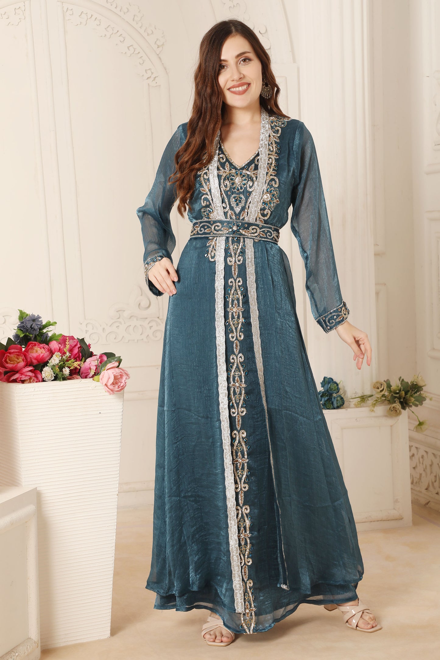 Teal Blue Grace Embellished Moroccan Kaftan Maxim Creation Teal Blue Grace Embellished Moroccan Kaftan Maxim Creation