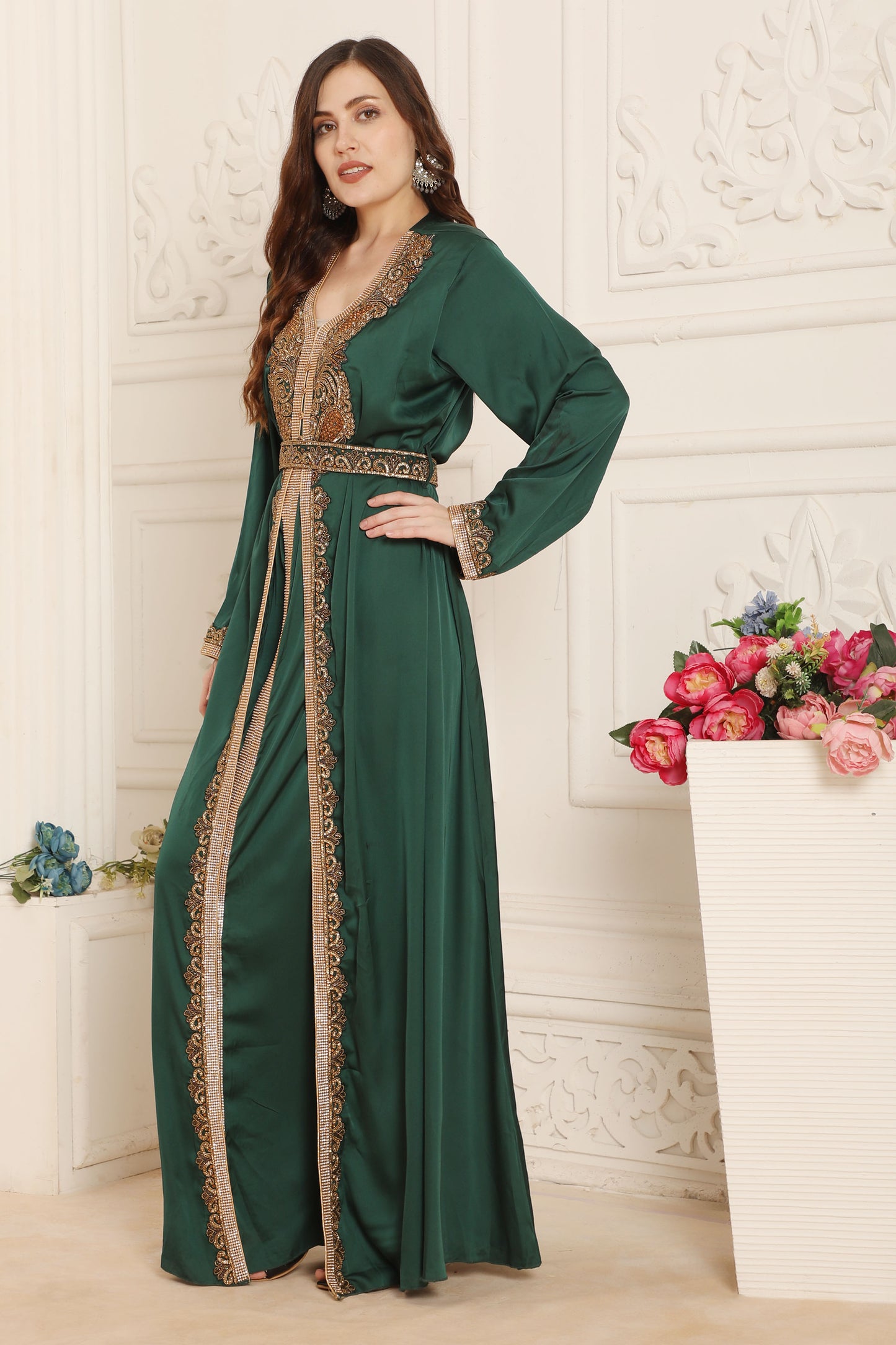 Bottle Green V-Neck Moroccan Golden Lace Kaftan Maxim Creation Bottle Green V-Neck Moroccan Golden Lace Kaftan Maxim Creation