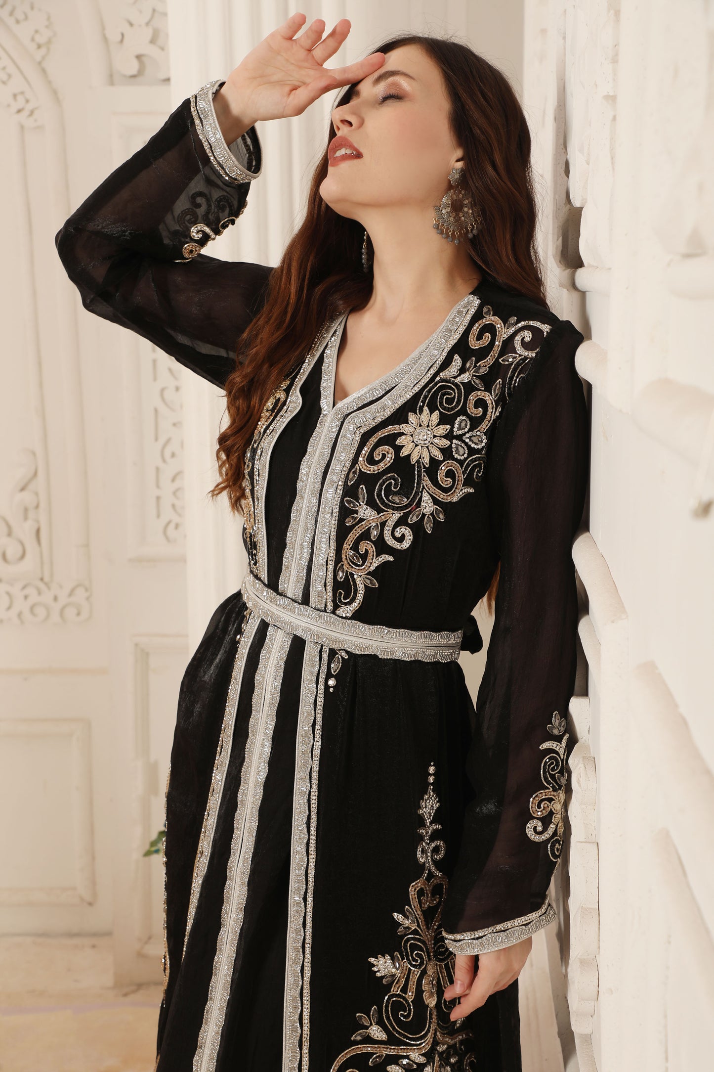 Intricate Hand Embroidery Moroccan Caftan With Silver Lace & Black Jac Maxim Creation Intricate Hand Embroidery Moroccan Caftan With Silver Lace & Black Jac Maxim Creation