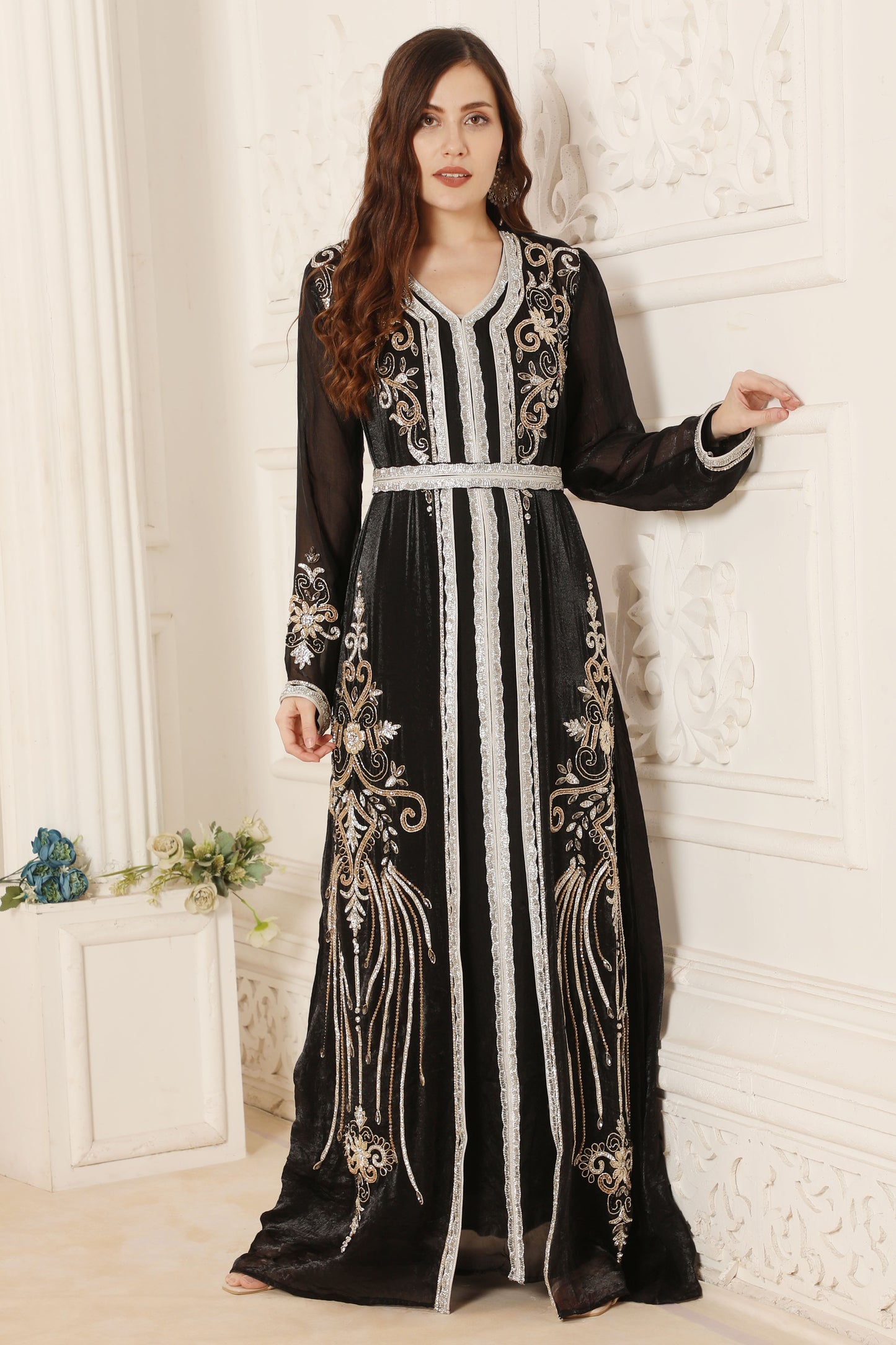 Intricate Hand Embroidery Moroccan Caftan With Silver Lace & Black Jac Maxim Creation Intricate Hand Embroidery Moroccan Caftan With Silver Lace & Black Jac Maxim Creation