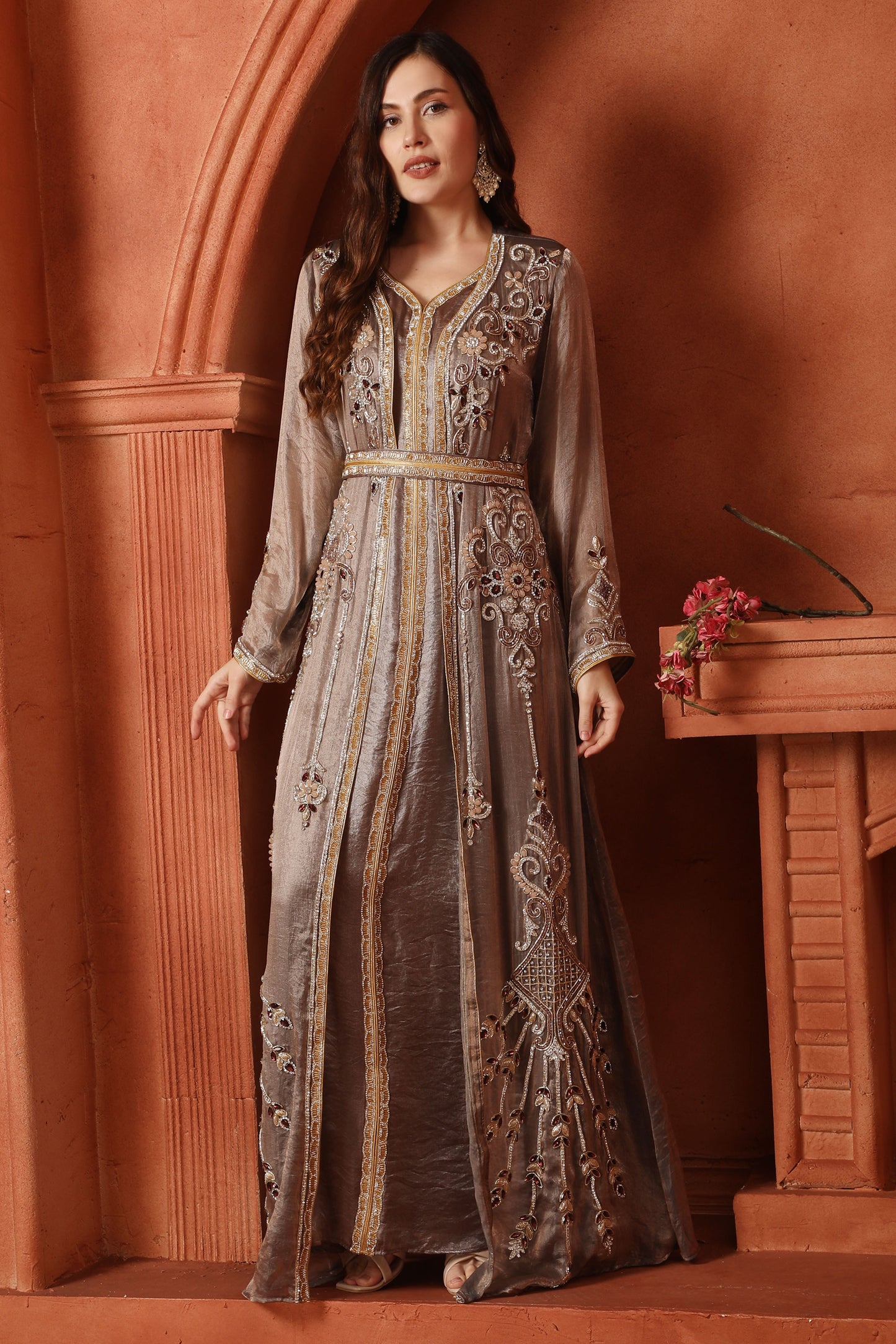 Embroidered Wedding Dress with Two Tone V-Neck Jacket Maxim Creation Embroidered Wedding Dress with Two Tone V-Neck Jacket Maxim Creation