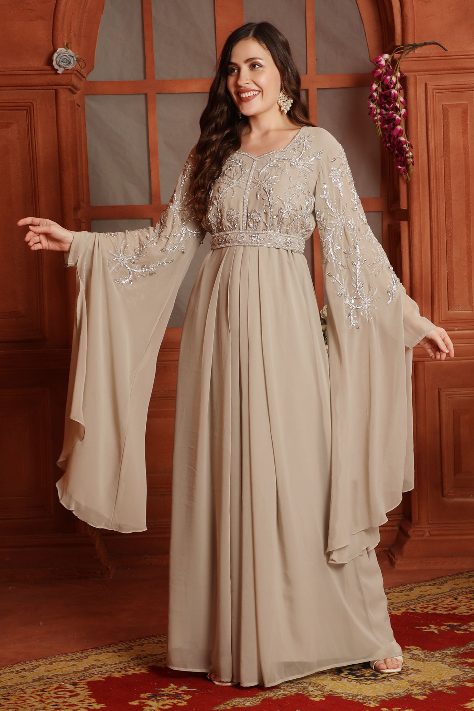 Embroidered Ball Gown with Crystal Work & Flowing Bell Sleeves