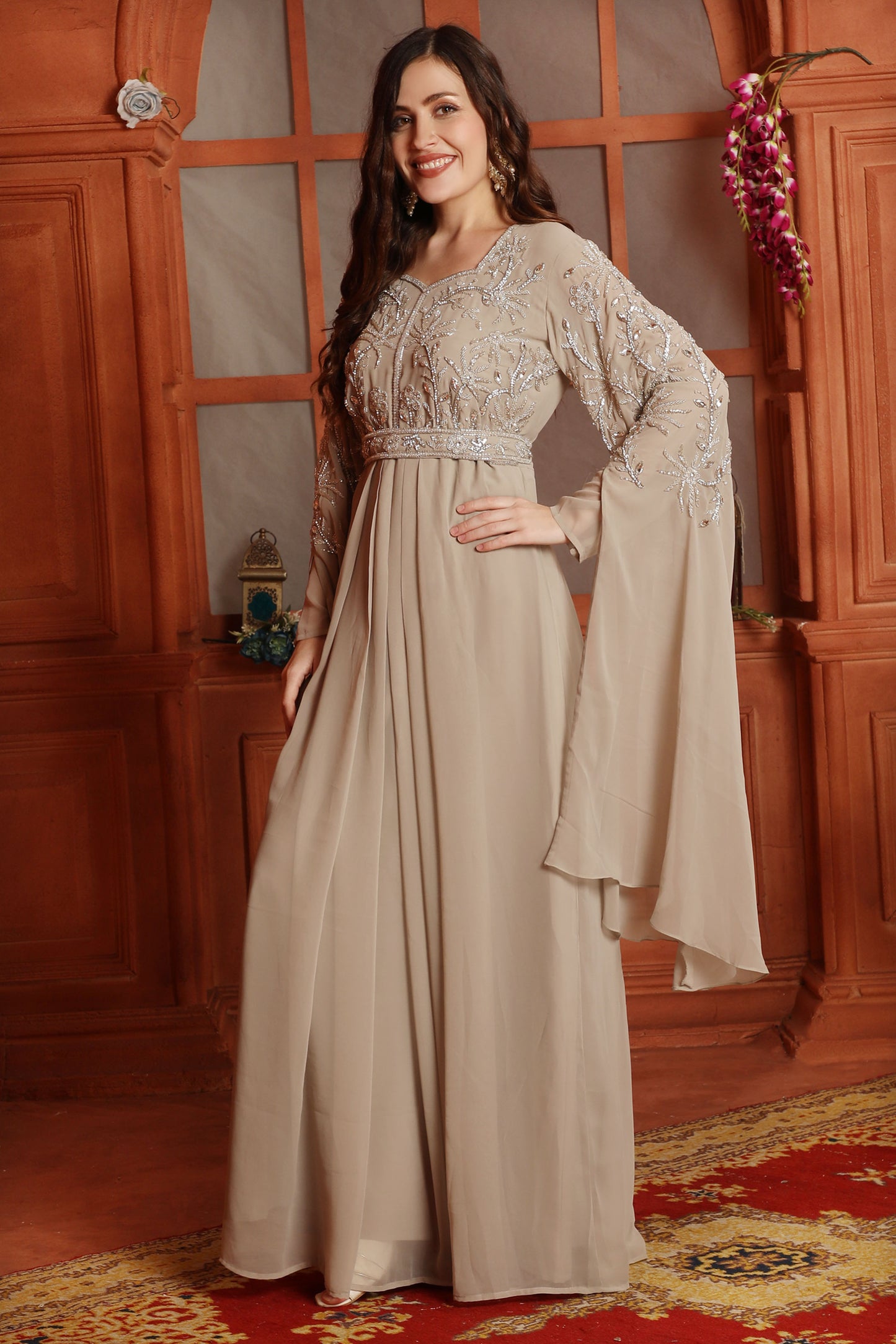 Silver Crystal Embellished Empire-Waist Dress in Beige Maxim Creation Silver Crystal Embellished Empire-Waist Dress in Beige Maxim Creation