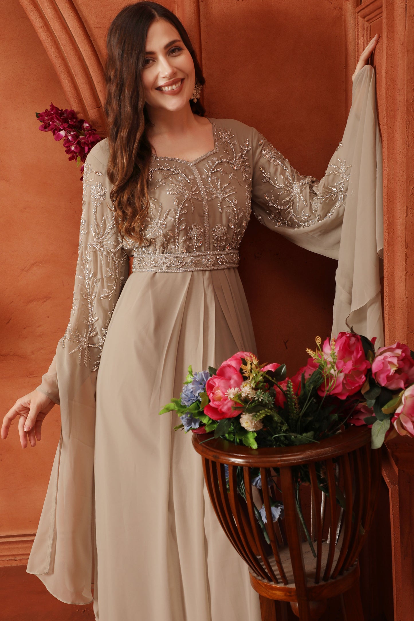 Silver Crystal Embellished Empire-Waist Dress in Beige 3XL / 60 / Matching Embroidered Scarf (24 X 71 Inches) Silver Crystal Embellished Empire-Waist Dress in Beige 3XL / 60 / Matching Embroidered Scarf (24 X 71 Inches)