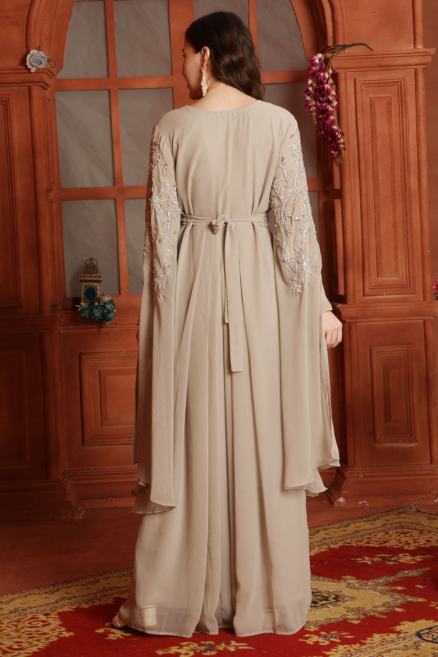 Silver Crystal Embellished Empire-Waist Dress in Beige Maxim Creation Silver Crystal Embellished Empire-Waist Dress in Beige Maxim Creation