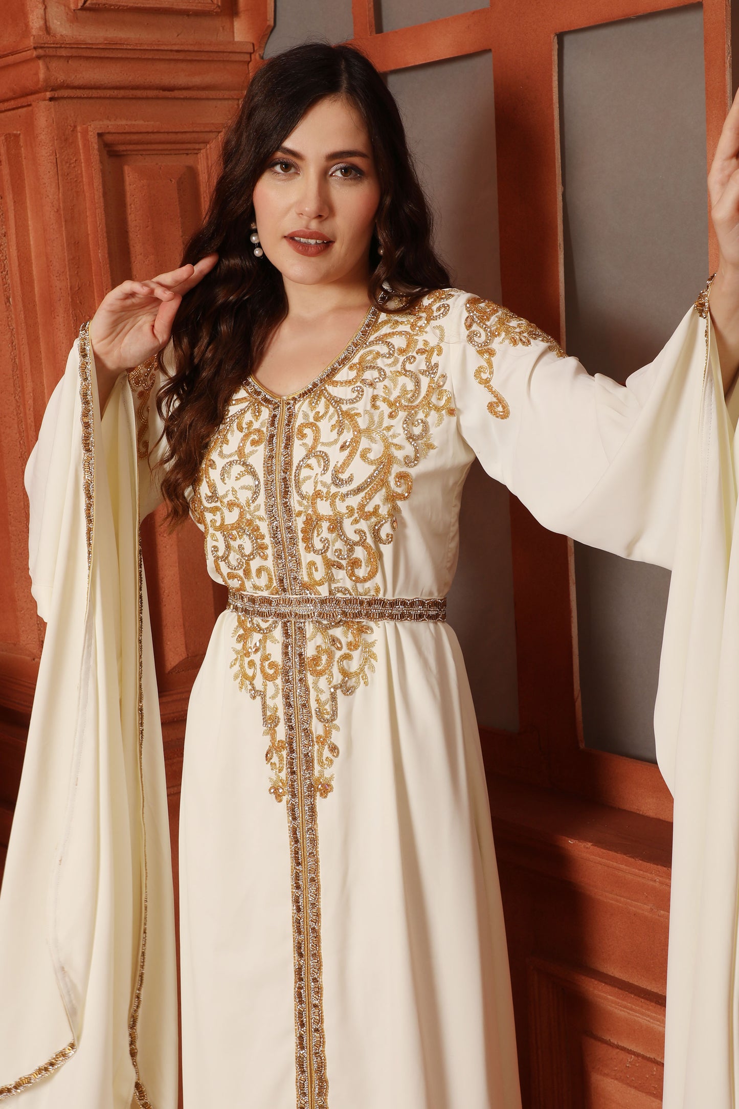 Off-White Flared Wedding Gown with Gold Sequin Embroidery 5XL / 60 Inches / No scarf Off-White Flared Wedding Gown with Gold Sequin Embroidery 5XL / 60 Inches / No scarf
