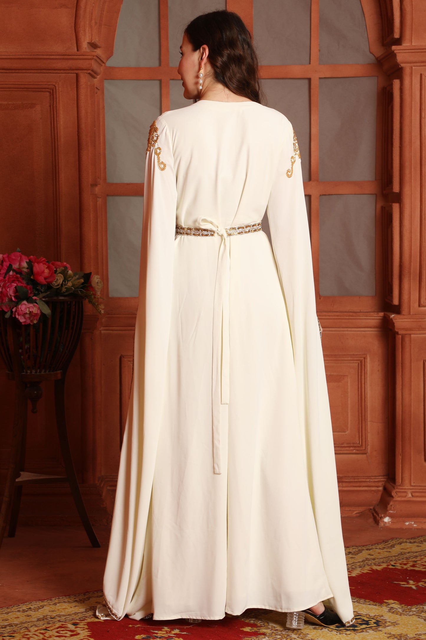 Off-White Flared Wedding Gown with Gold Sequin Embroidery 5XL / 60 Inches / No scarf Off-White Flared Wedding Gown with Gold Sequin Embroidery 5XL / 60 Inches / No scarf