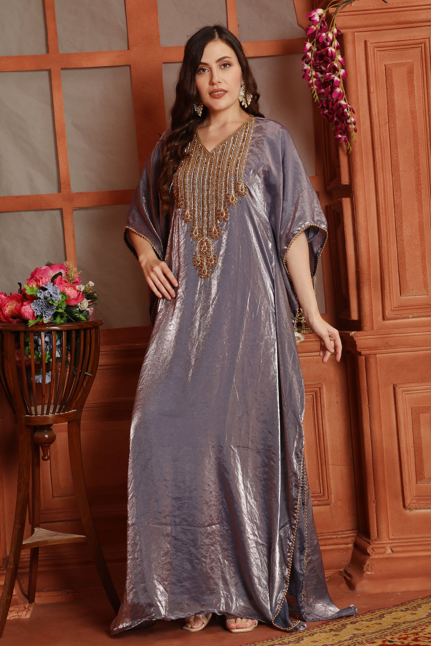 Metallic Purple Kaftan Dress with Beaded Neck Embellishment Maxim Creation Metallic Purple Kaftan Dress with Beaded Neck Embellishment Maxim Creation