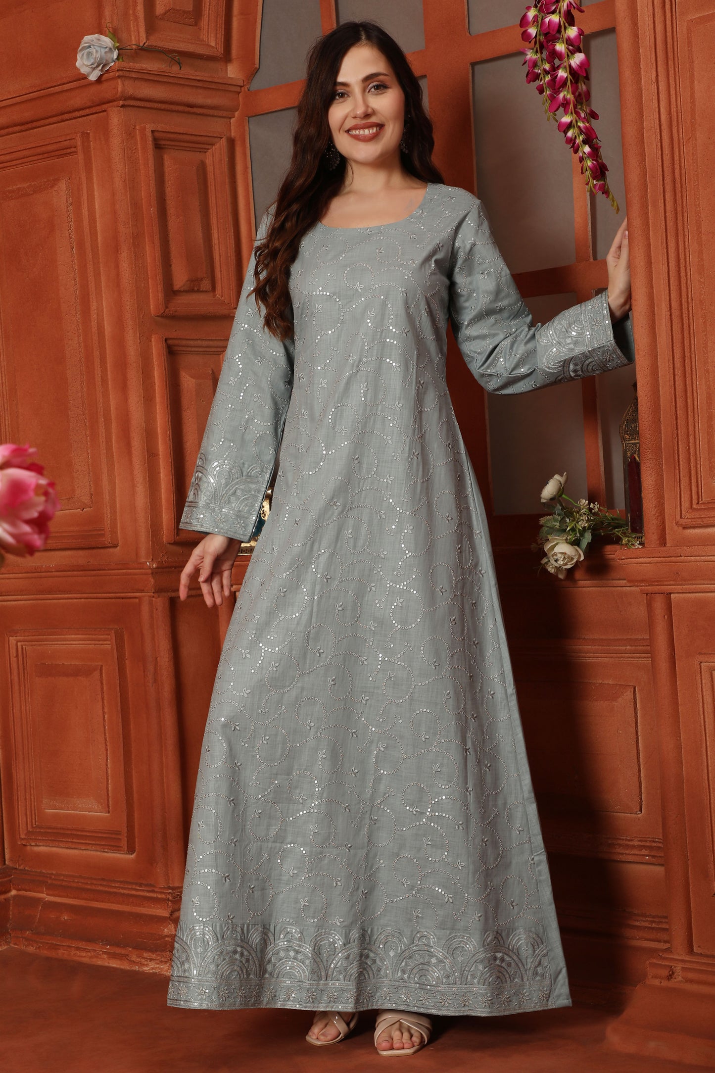 Grey Mirror Work Embroidery Round-Neck Straight Dress Maxim Creation Grey Mirror Work Embroidery Round-Neck Straight Dress Maxim Creation