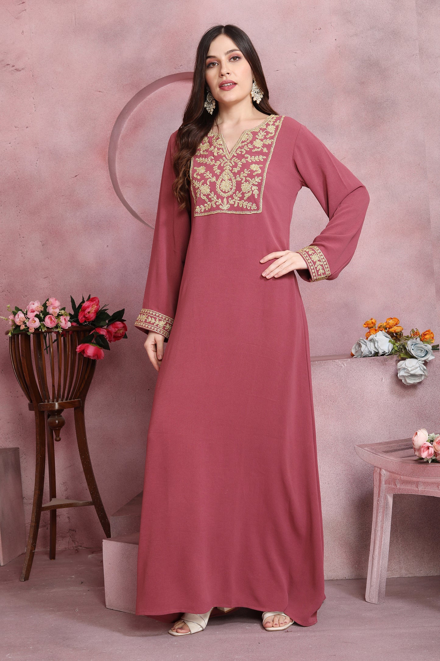 Thread Embroidered Modest Wear Long Dress in Pink 2XL / 52 / Matching Embroidered Scarf (24 X 71 Inches) Thread Embroidered Modest Wear Long Dress in Pink 2XL / 52 / Matching Embroidered Scarf (24 X 71 Inches)