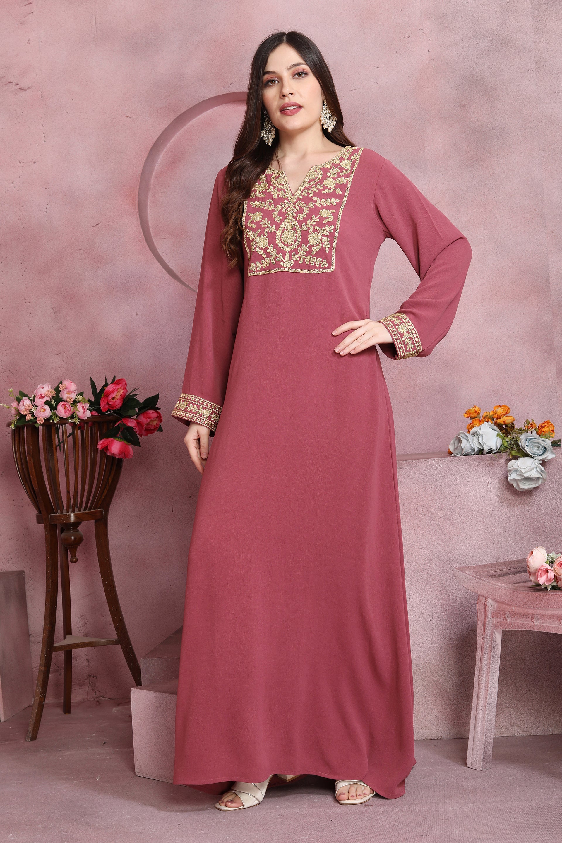 Thread Embroidered Modest Wear Long Dress in Pink  Maxim Creation