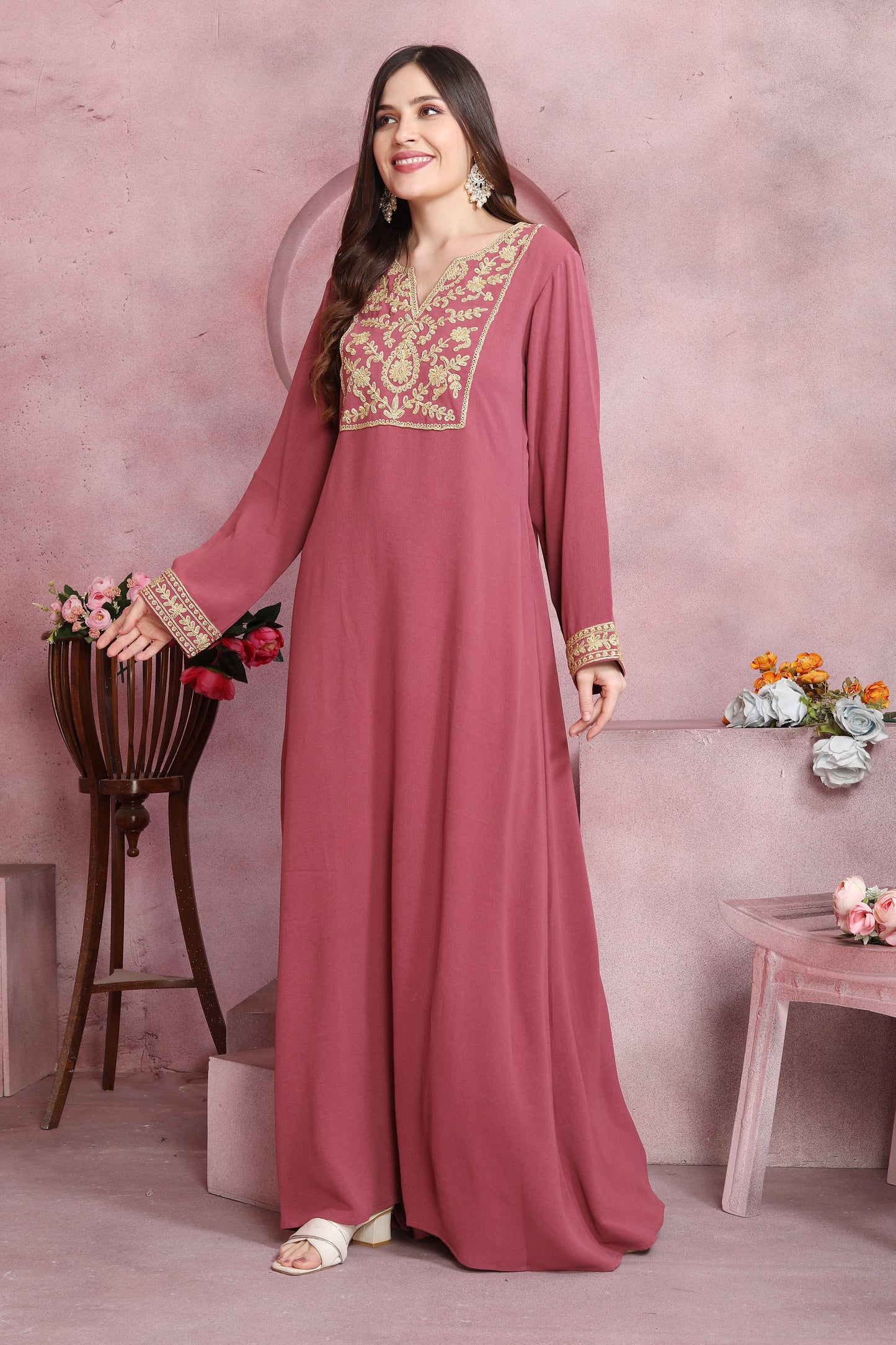 Thread Embroidered Modest Wear Long Dress in Pink 2XL / 52 / Matching Embroidered Scarf (24 X 71 Inches) Thread Embroidered Modest Wear Long Dress in Pink 2XL / 52 / Matching Embroidered Scarf (24 X 71 Inches)