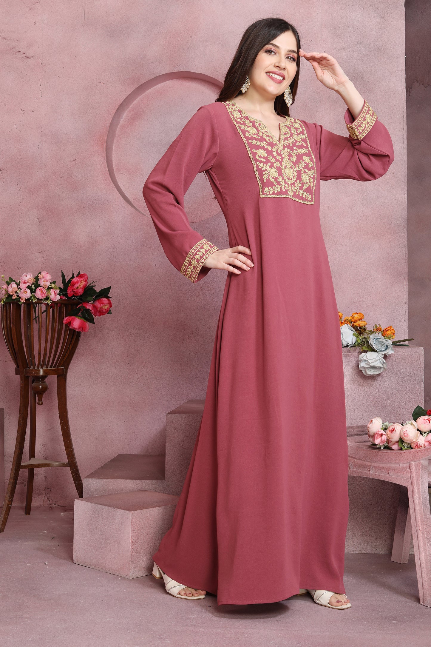 Thread Embroidered Modest Wear Long Dress in Pink 2XL / 52 / Matching Embroidered Scarf (24 X 71 Inches) Thread Embroidered Modest Wear Long Dress in Pink 2XL / 52 / Matching Embroidered Scarf (24 X 71 Inches)