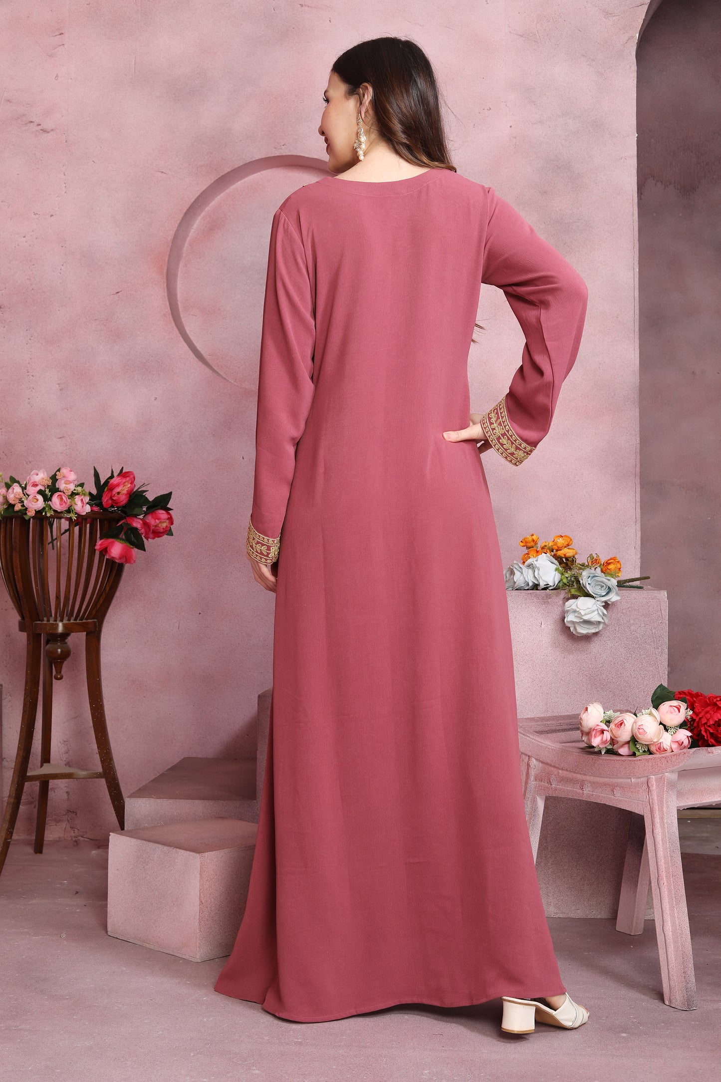 Thread Embroidered Modest Wear Long Dress in Pink 2XL / 52 / Matching Embroidered Scarf (24 X 71 Inches) Thread Embroidered Modest Wear Long Dress in Pink 2XL / 52 / Matching Embroidered Scarf (24 X 71 Inches)