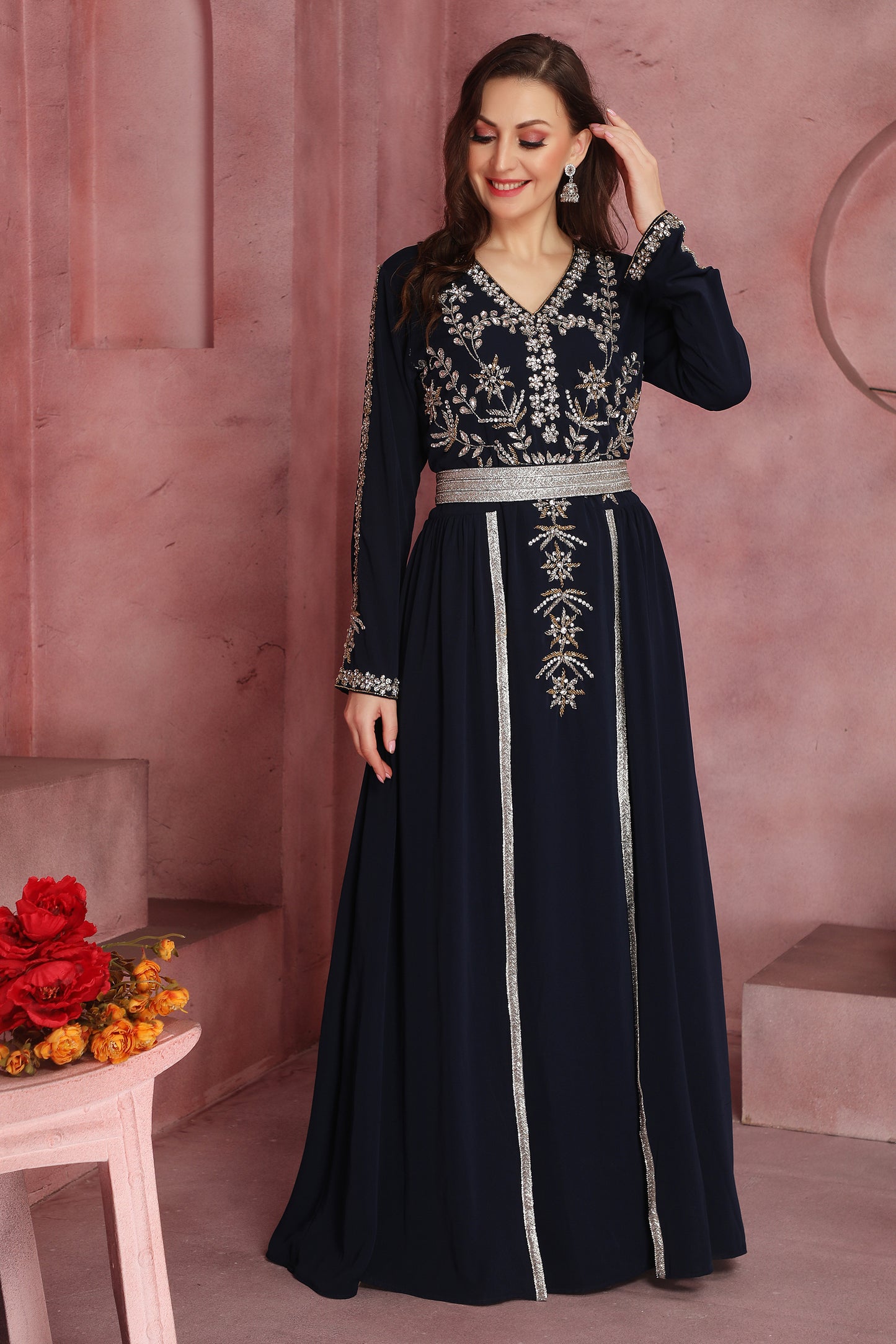 Navy Blue Jalabiya Multicolor Crystal Embroidered Kaftan with belt Maxim Creation Navy Blue Jalabiya Multicolor Crystal Embroidered Kaftan with belt Maxim Creation
