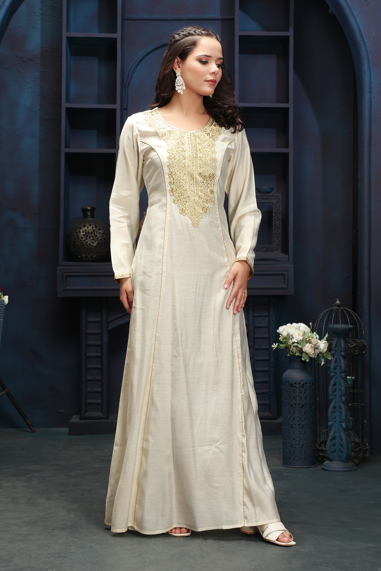 Designer Jalabiya in Ivory with Gold Embroidered Front Panel XL / 58 / Matching Embroidered Scarf (24 X 71 Inches) Designer Jalabiya in Ivory with Gold Embroidered Front Panel XL / 58 / Matching Embroidered Scarf (24 X 71 Inches)