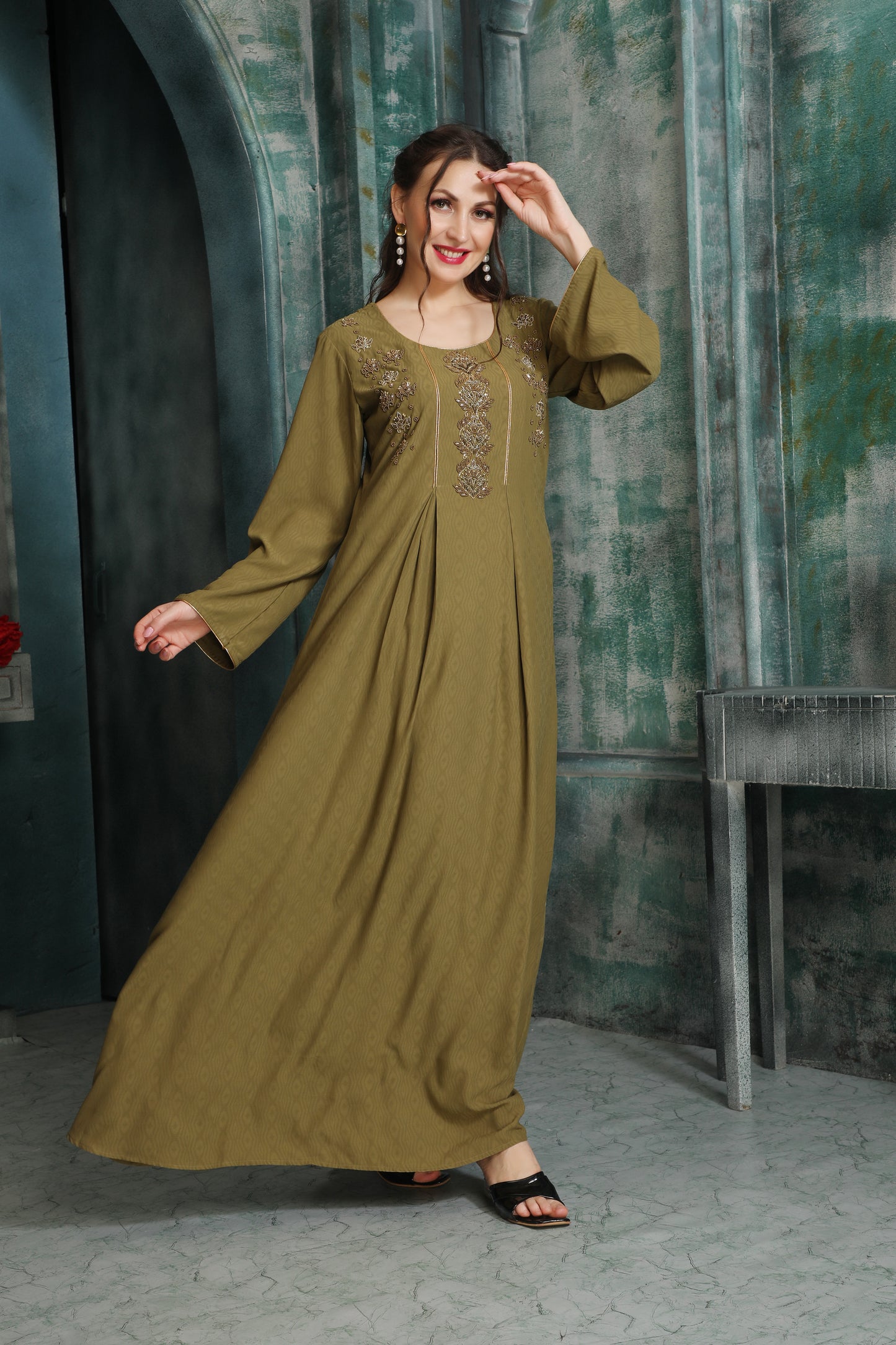 Rust Gold Embroidered Flared Jalabiya by Maxim Creation XS / 56 / Matching Embroidered Scarf (24 X 71 Inches) Rust Gold Embroidered Flared Jalabiya by Maxim Creation XS / 56 / Matching Embroidered Scarf (24 X 71 Inches)