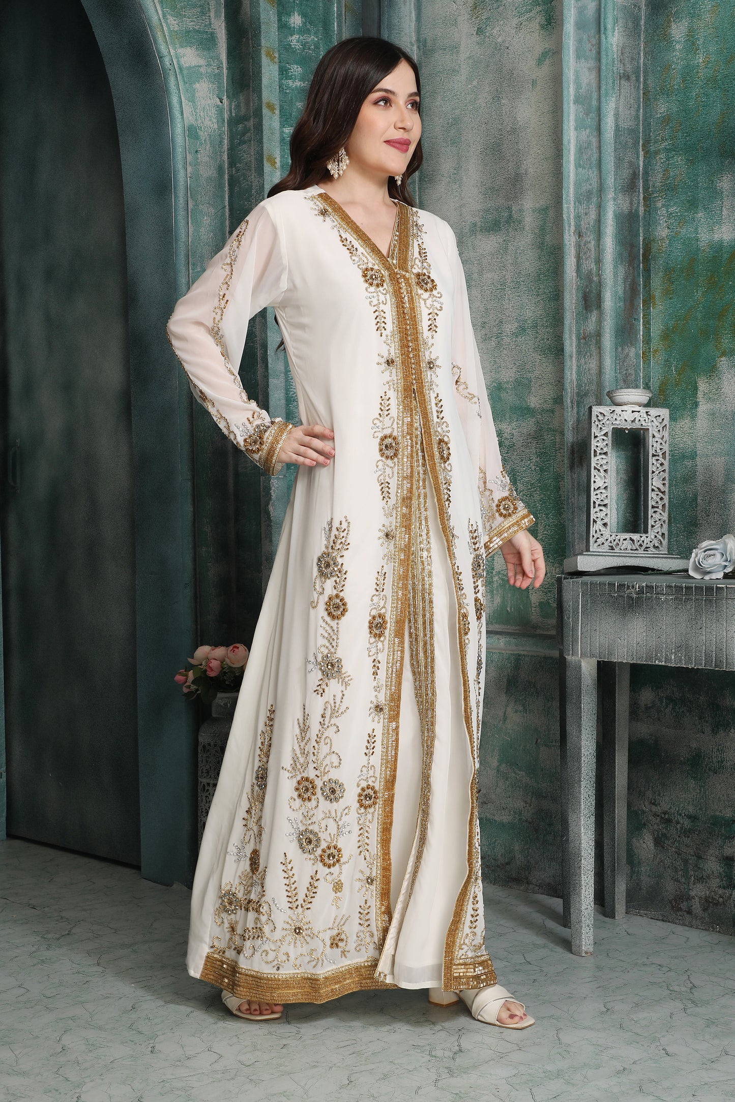 Ivory & Gold Embroidered Modestwear Kaftan for Women 5XL / 54 / Matching Embroidered Scarf (24 X 71 Inches) Ivory & Gold Embroidered Modestwear Kaftan for Women 5XL / 54 / Matching Embroidered Scarf (24 X 71 Inches)