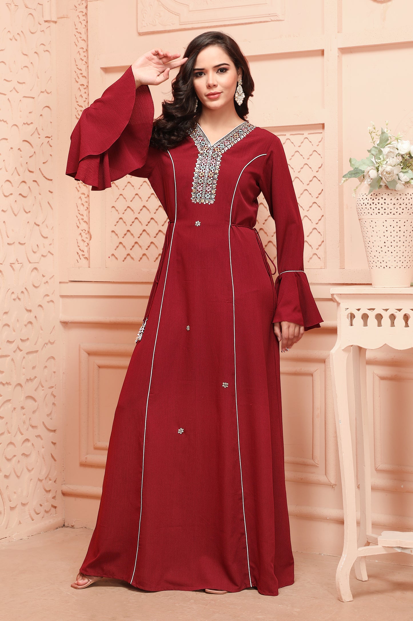 Designer Jalabiya in Maroon with Gold Embroidery Maxim Creation Designer Jalabiya in Maroon with Gold Embroidery Maxim Creation
