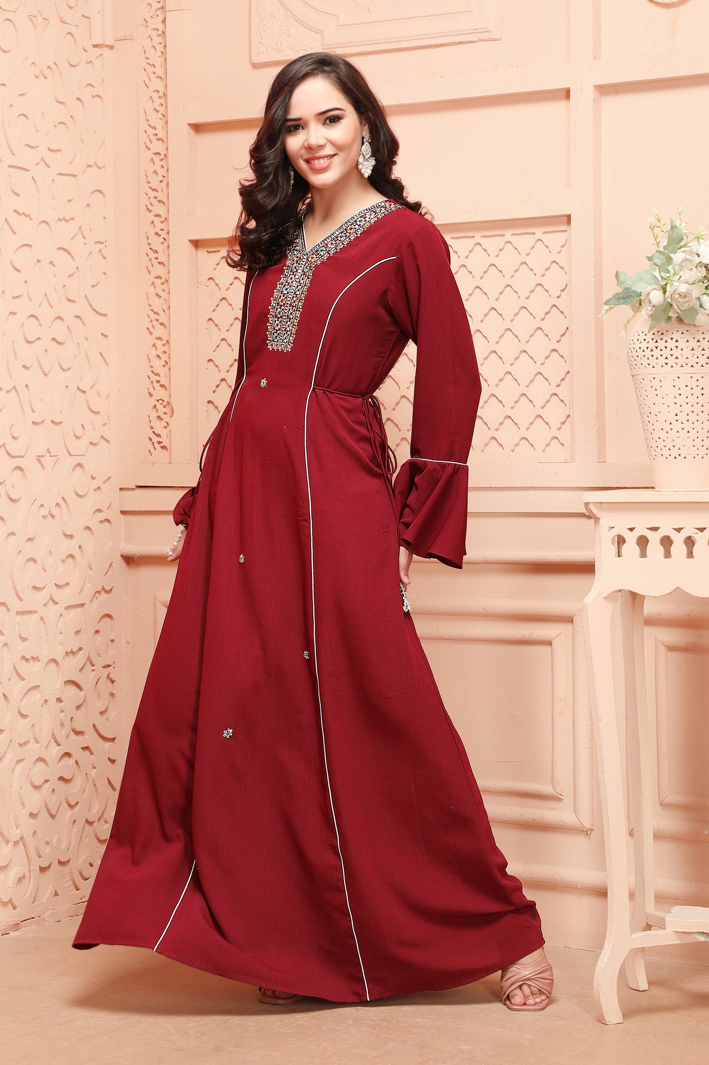 Designer Jalabiya in Maroon with Gold Embroidery Maxim Creation Designer Jalabiya in Maroon with Gold Embroidery Maxim Creation