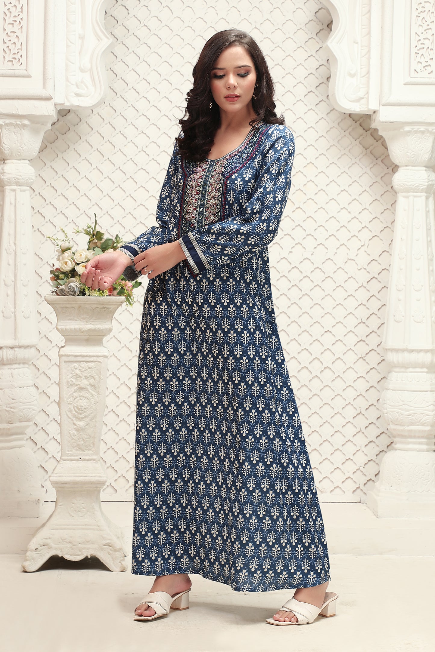 designer dress blue Designer Jalabiya in Indigo Blue with Printed Motifs and Embrodiery 5XL / 54 / Matching Embroidered Scarf (24 X 71 Inches)