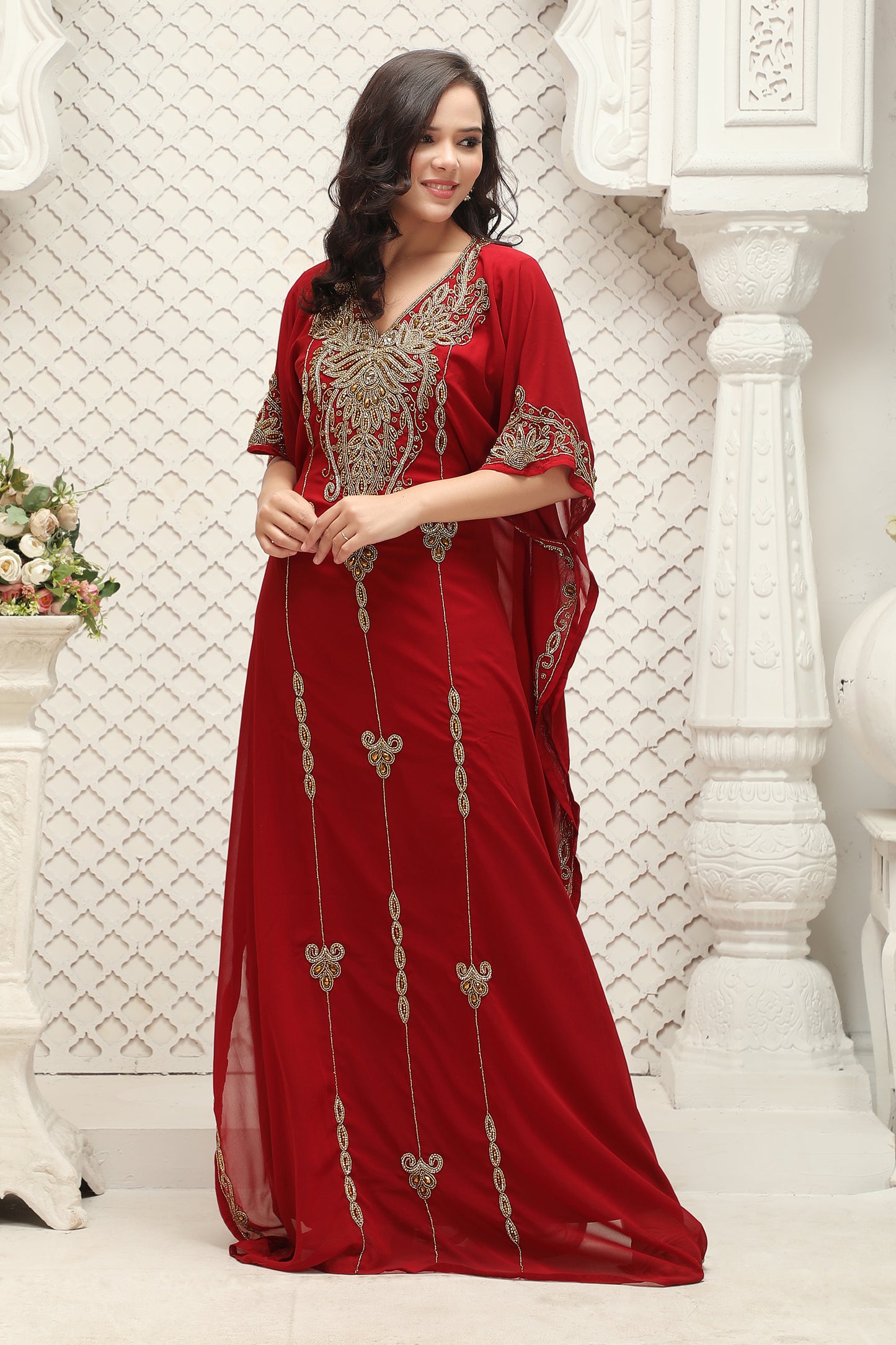 kaftan dresses formal Burgundy Frill Sleeve A Line Embroidered V Neck Turkish Kaftan Gown 42