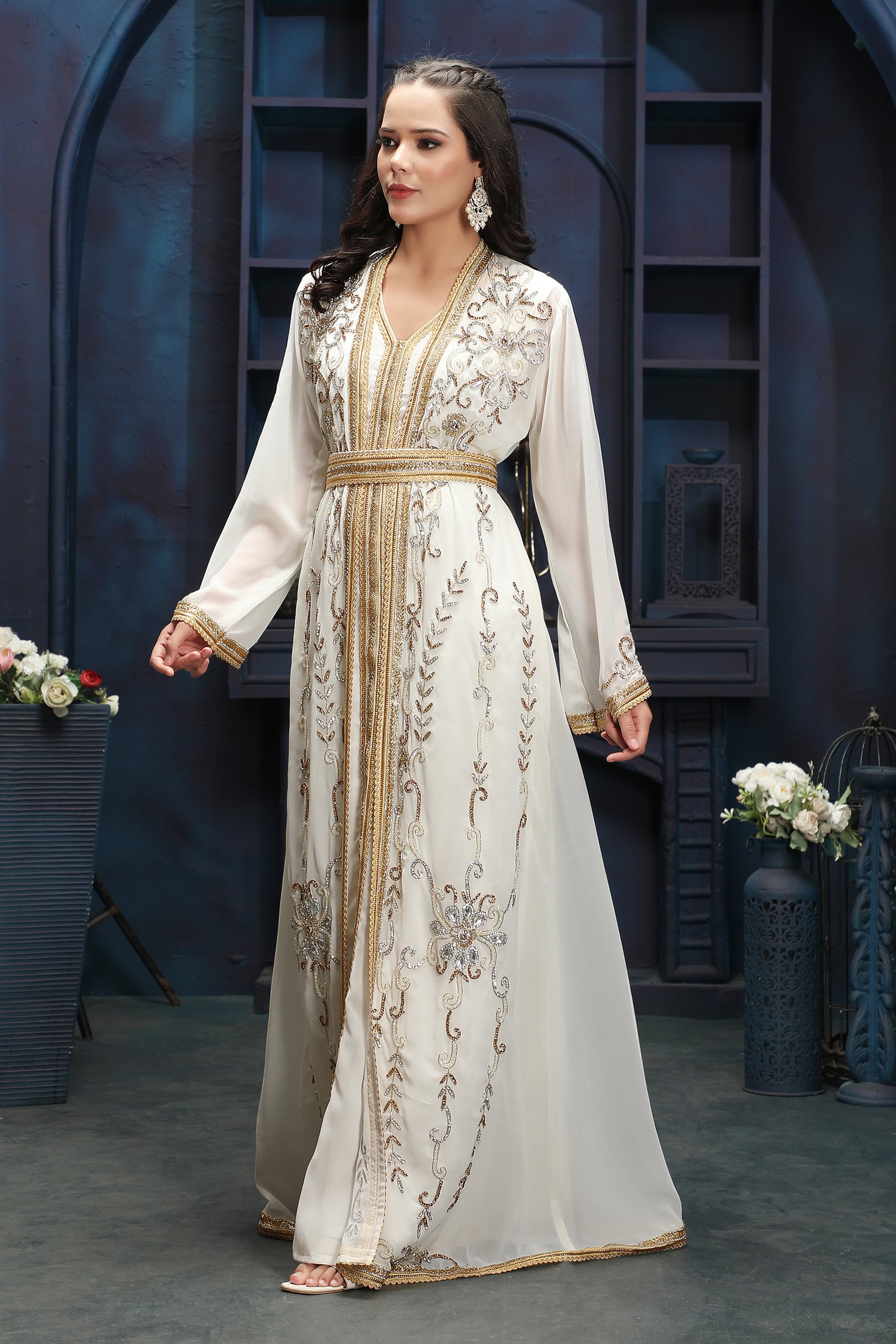 Ivory White Evening Gown with Premium Gold Hand Embroidery