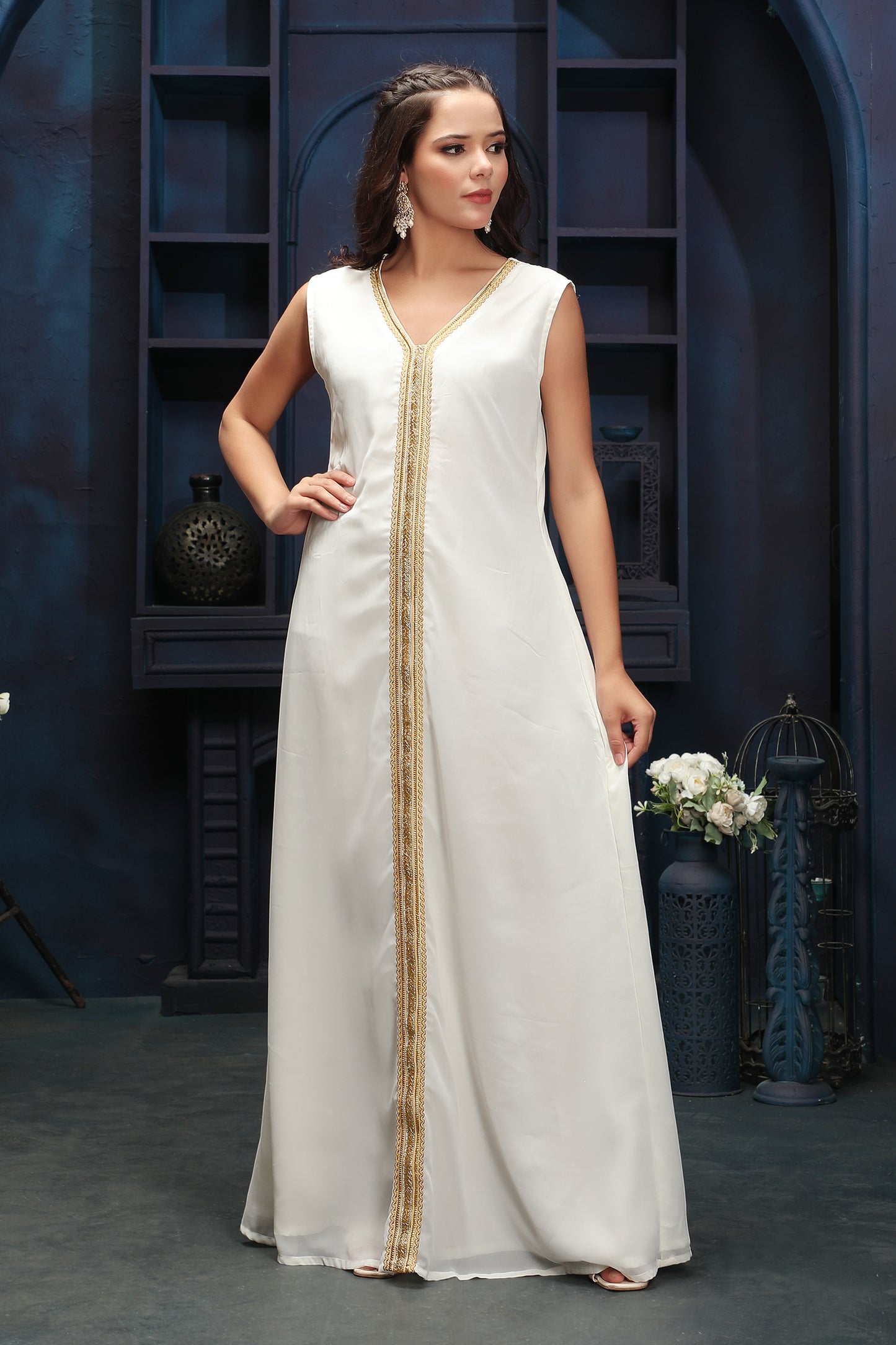 Ivory White Evening Gown with Premium Gold Hand Embroidery Maxim Creation Ivory White Evening Gown with Premium Gold Hand Embroidery Maxim Creation