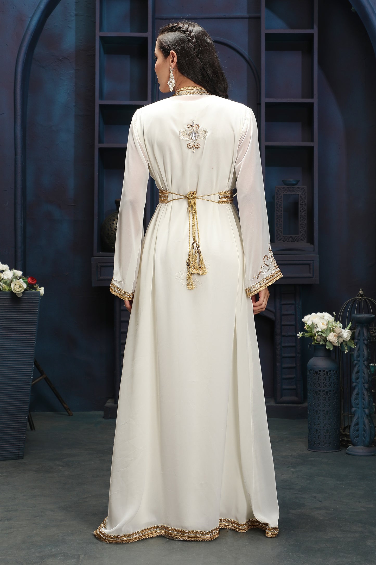 Ivory White Evening Gown with Premium Gold Hand Embroidery Maxim Creation Ivory White Evening Gown with Premium Gold Hand Embroidery Maxim Creation