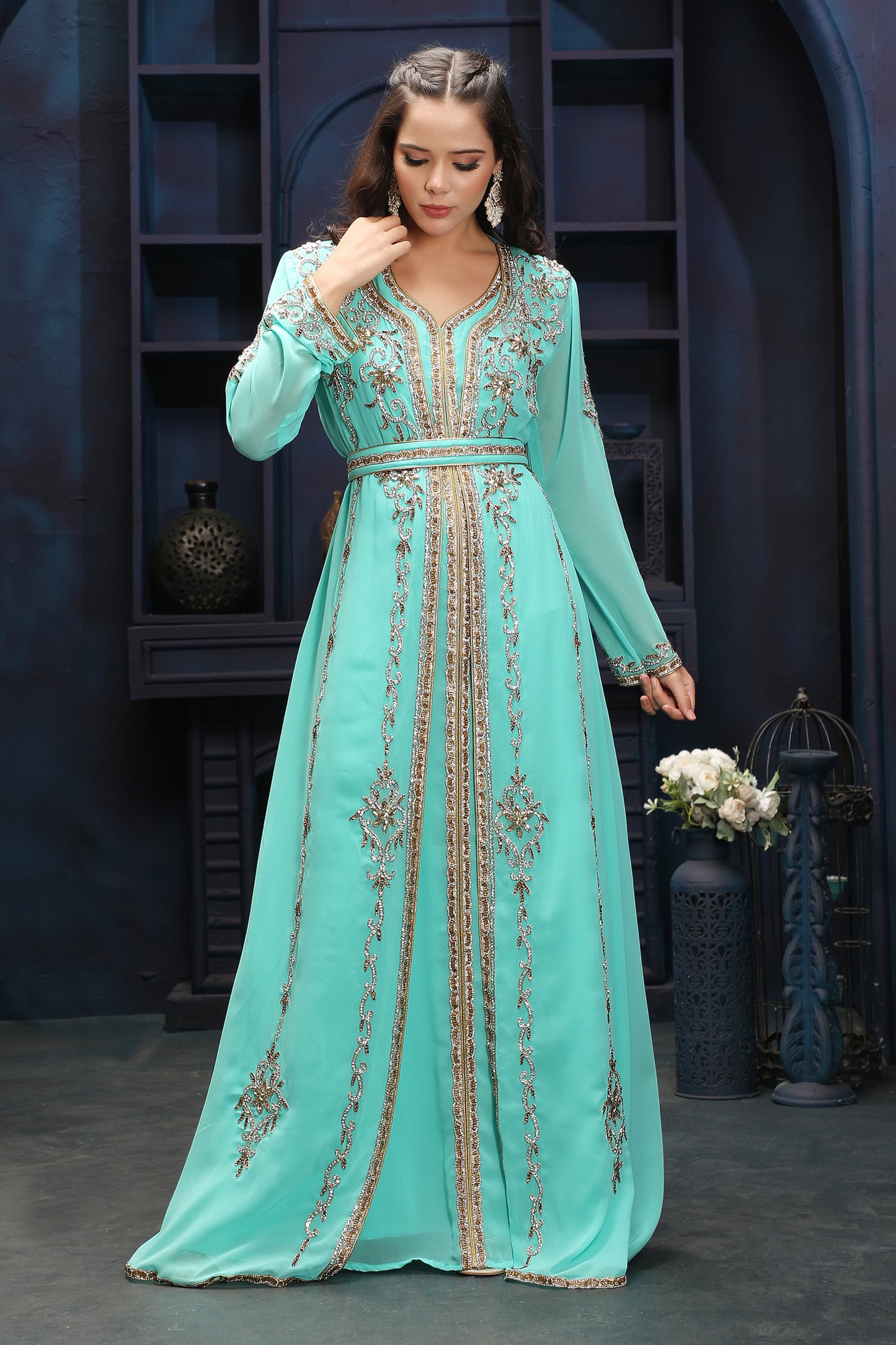 Aqua Green Embroidered Caftan with Detailed Front Panel Work L / 60 / Matching Embroidered Scarf (24 X 71 Inches) Aqua Green Embroidered Caftan with Detailed Front Panel Work L / 60 / Matching Embroidered Scarf (24 X 71 Inches)