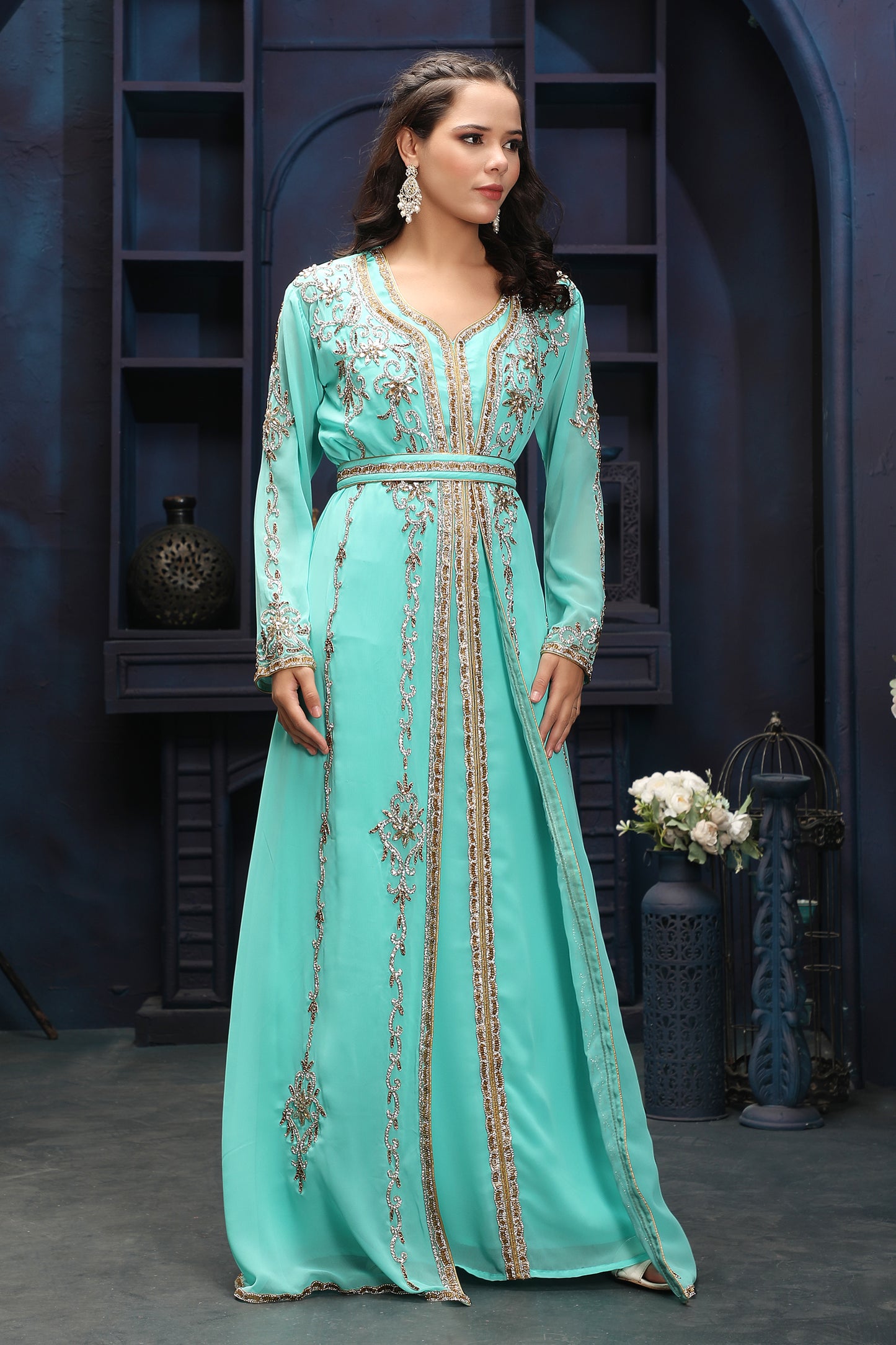 Aqua Green Embroidered Caftan with Detailed Front Panel Work L / 60 / Matching Embroidered Scarf (24 X 71 Inches) Aqua Green Embroidered Caftan with Detailed Front Panel Work L / 60 / Matching Embroidered Scarf (24 X 71 Inches)