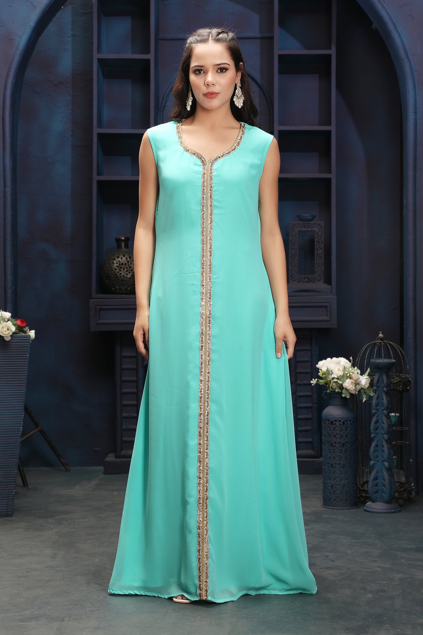 Aqua Green Embroidered Caftan with Detailed Front Panel Work Maxim Creation Aqua Green Embroidered Caftan with Detailed Front Panel Work Maxim Creation
