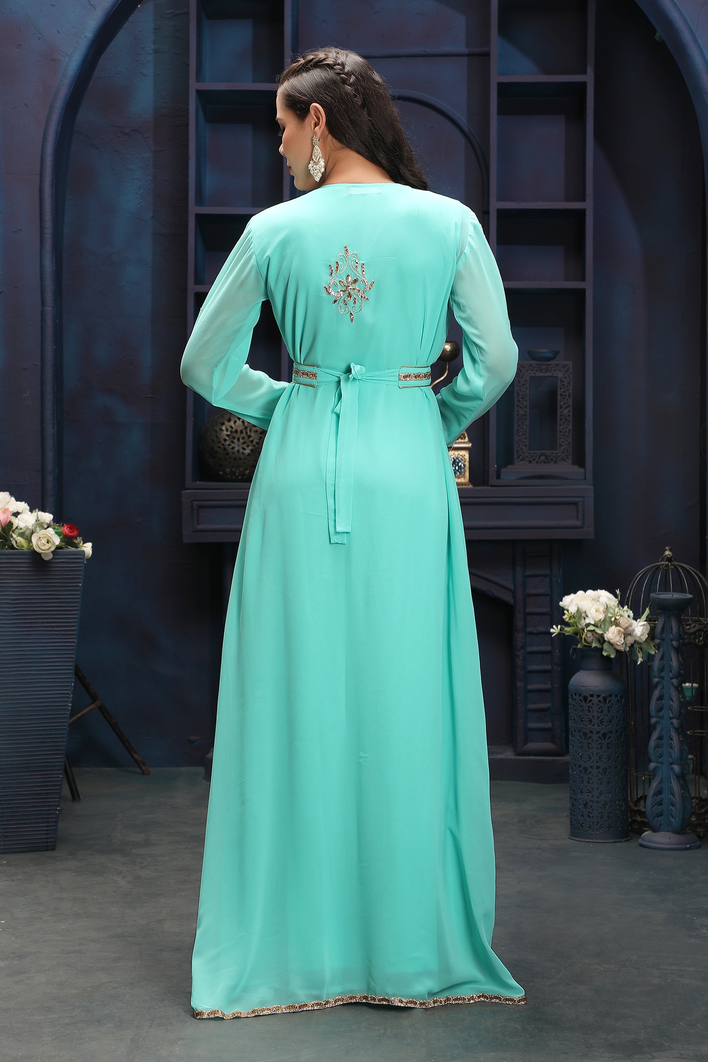 Aqua Green Embroidered Caftan with Detailed Front Panel Work Maxim Creation Aqua Green Embroidered Caftan with Detailed Front Panel Work Maxim Creation