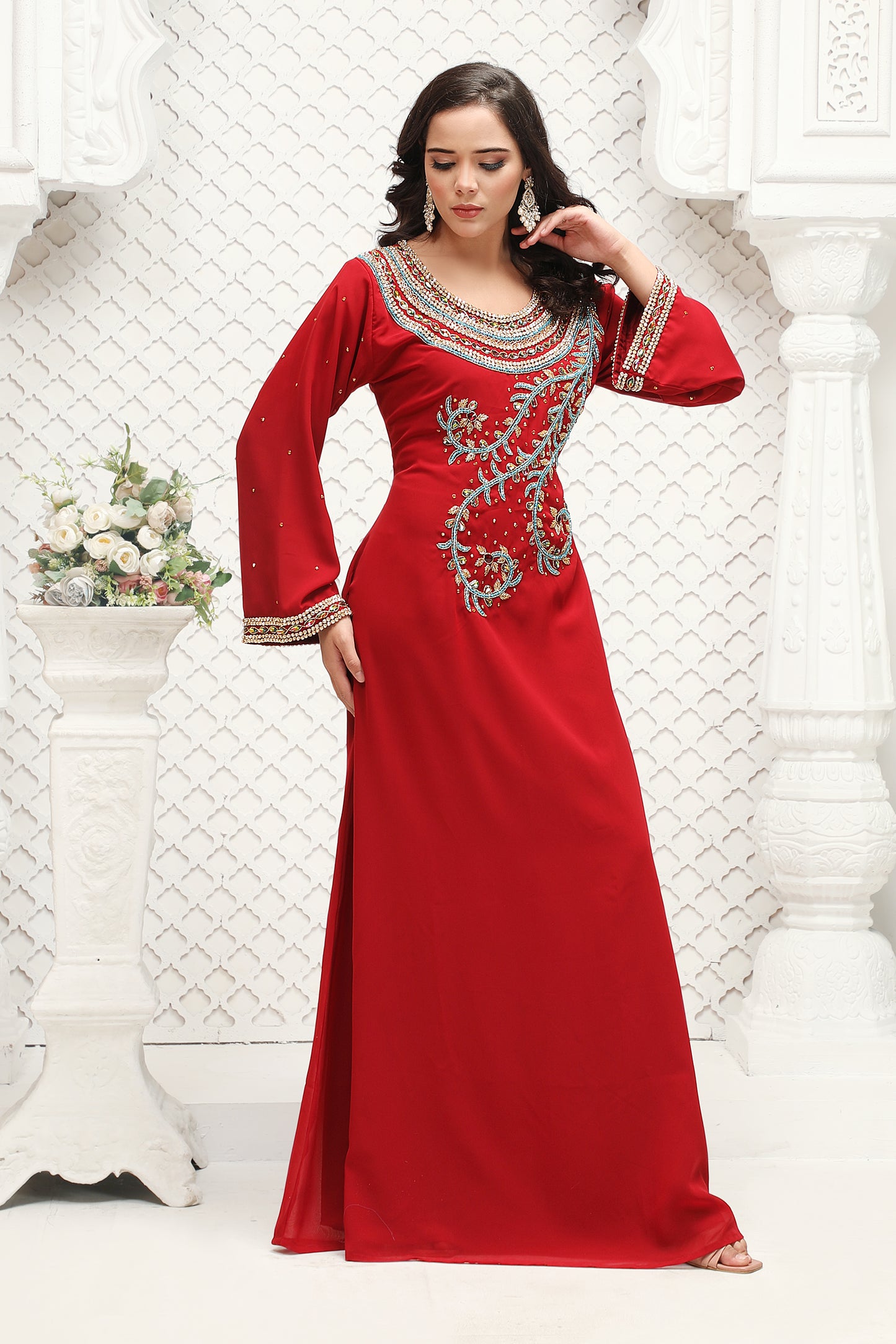 Red Embroidered Kaftan Gown with Intricate Handwork Detailing Red Embroidered Kaftan Gown with Intricate Handwork Detailing