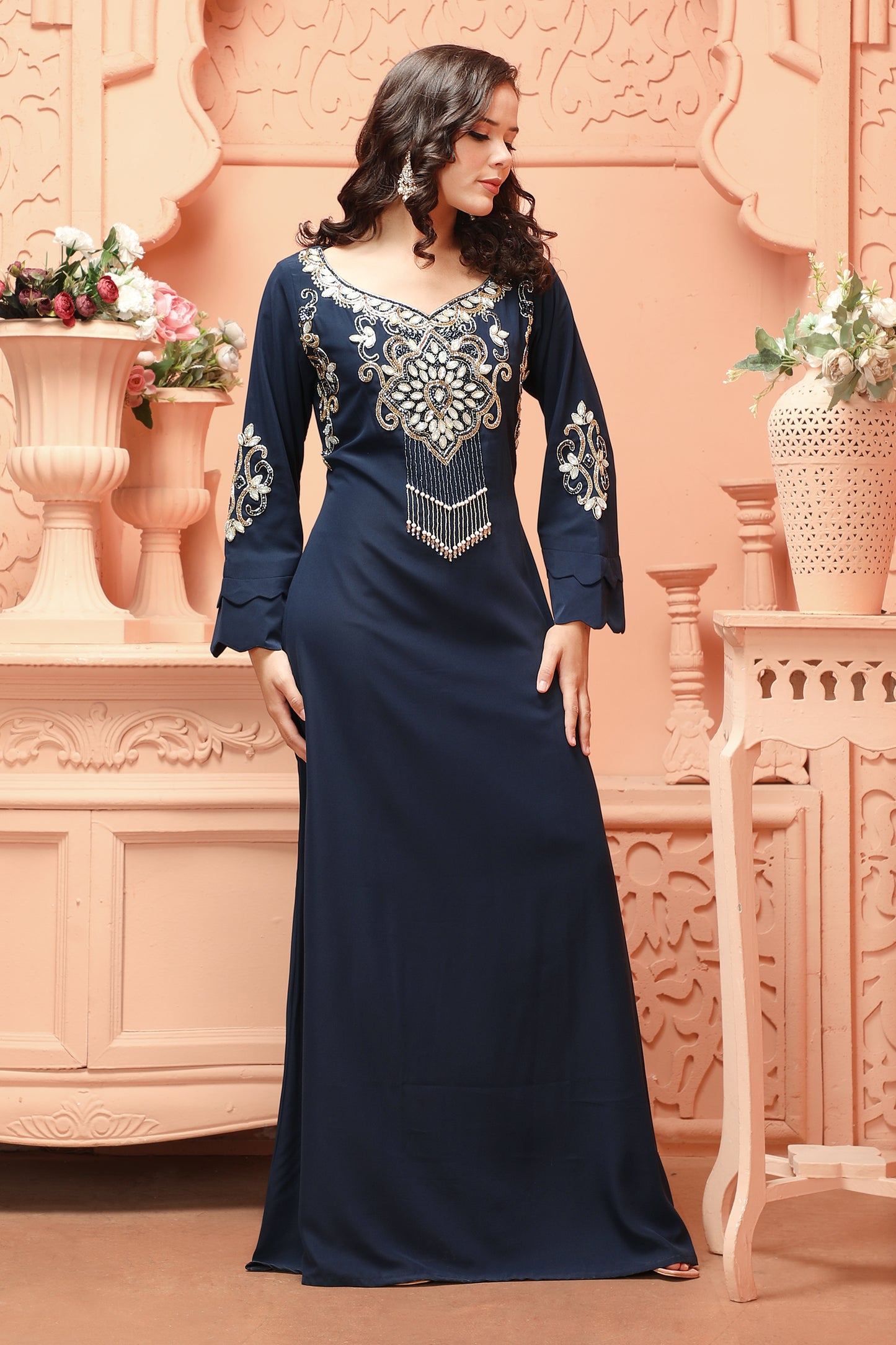 Navy Blue Designer Kaftan Gown with Heavy Embroidered Front Panel 5XL / 58 / No Scarf Navy Blue Designer Kaftan Gown with Heavy Embroidered Front Panel 5XL / 58 / No Scarf
