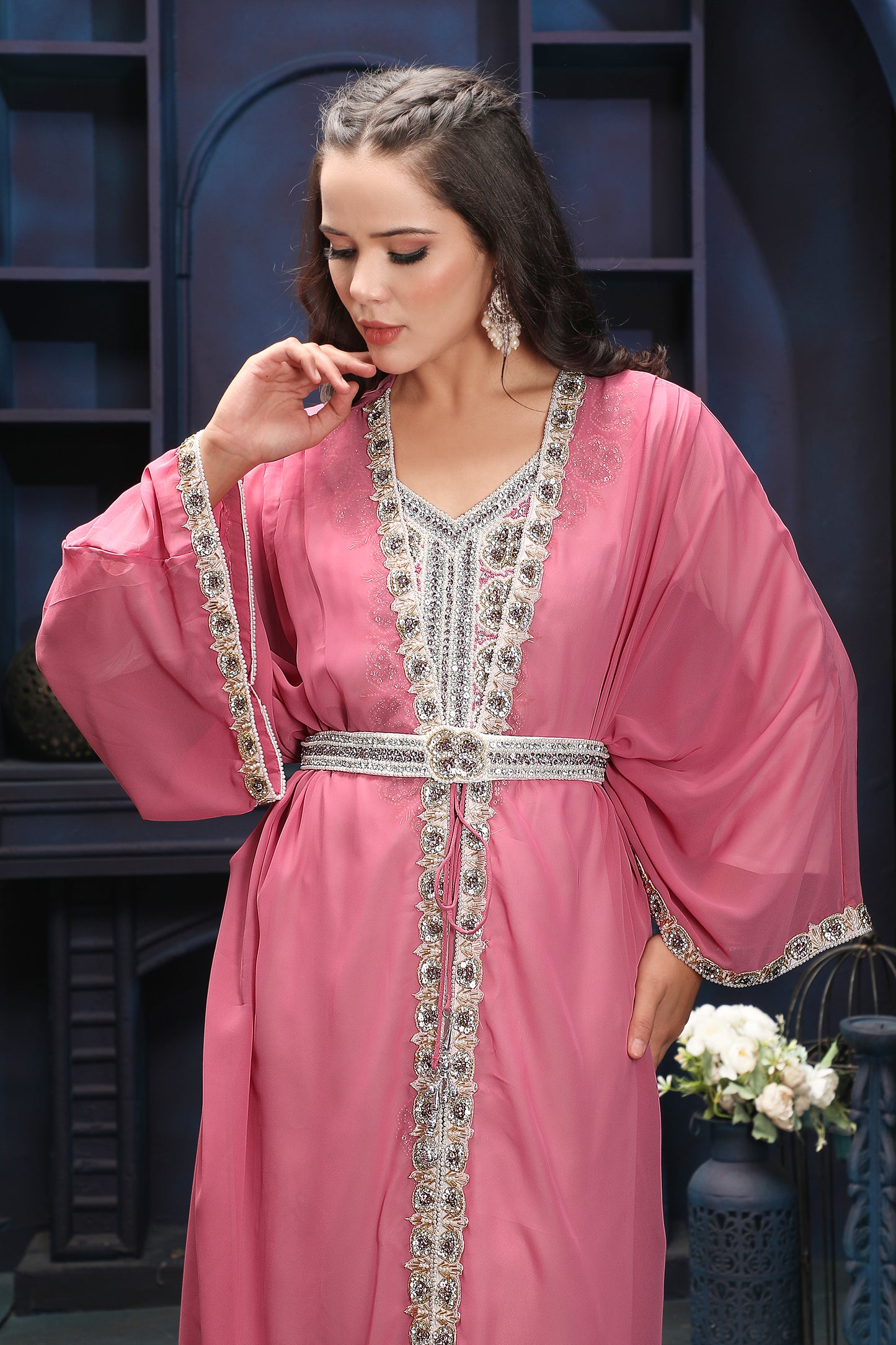 Pink 3pcs Kaftan with Multicolor Embroidery 5XL / 60 / Matching Embroidered Scarf (24 X 71 Inches) Pink 3pcs Kaftan with Multicolor Embroidery 5XL / 60 / Matching Embroidered Scarf (24 X 71 Inches)