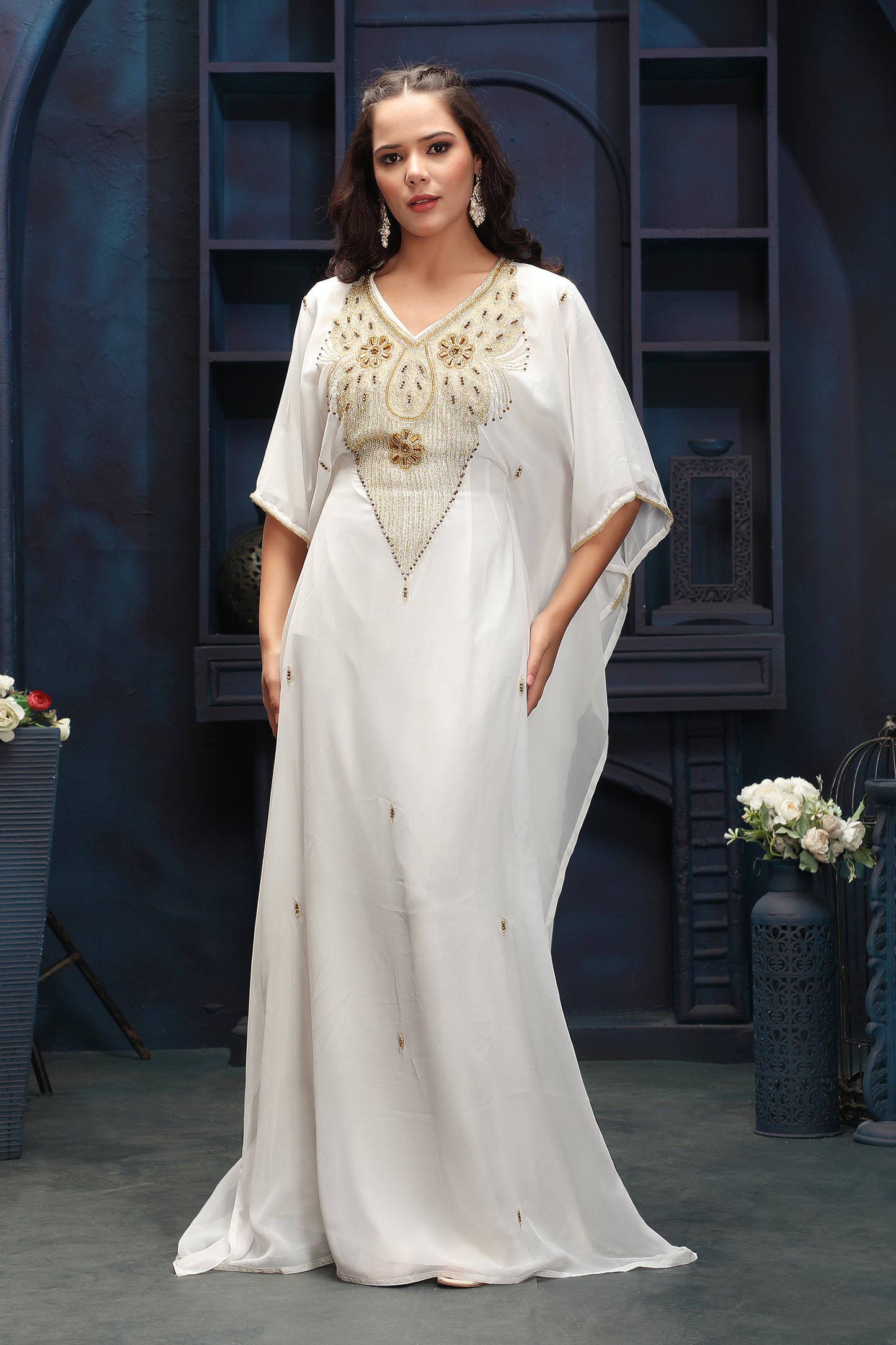 Luxury White Kaftan Dress with Rich Gold Embroidered Neck Design Luxury White Kaftan Dress with Rich Gold Embroidered Neck Design