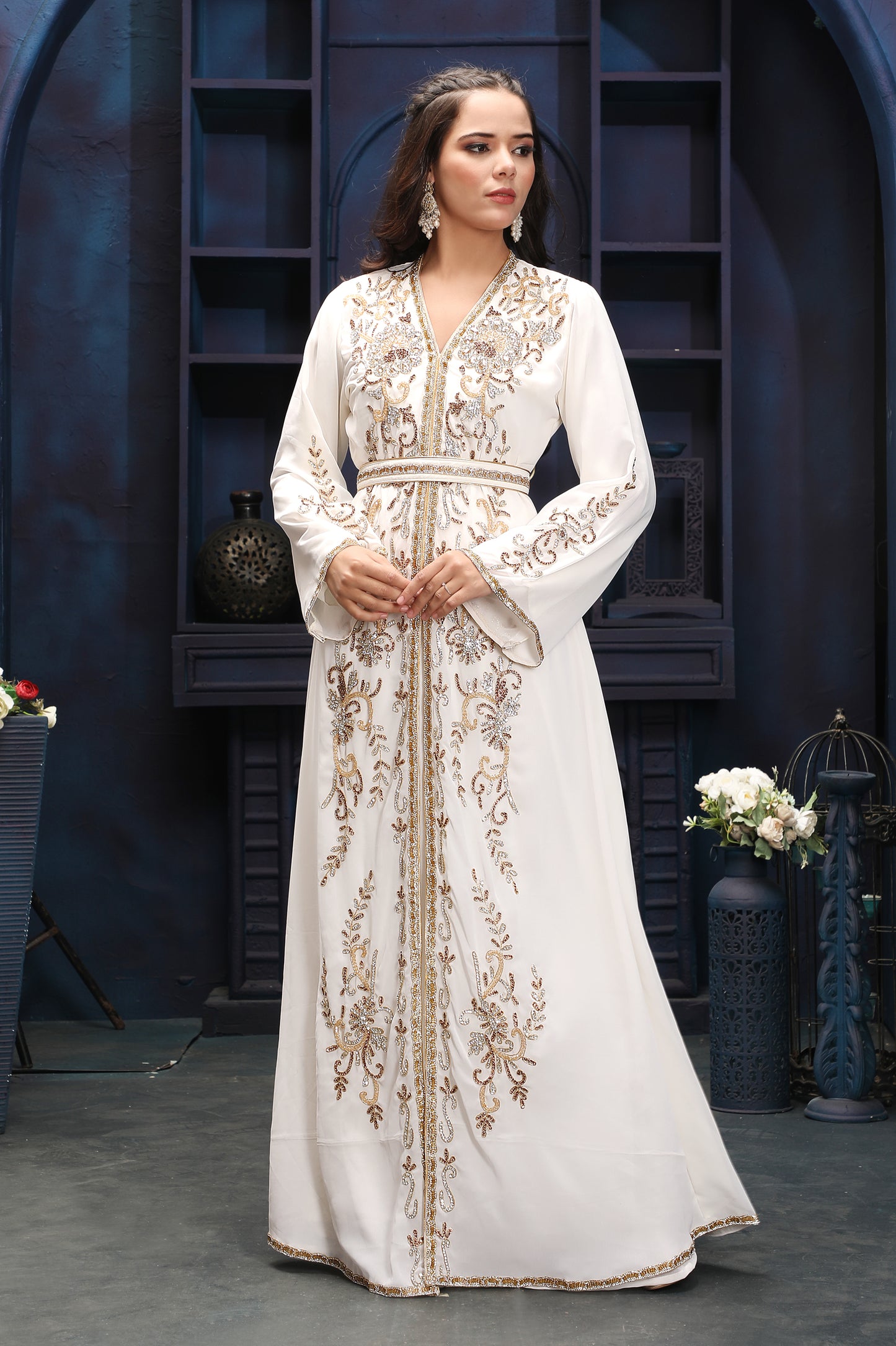 Modest Off-White Kaftan Dress with Premium Gold Embellishments 2XL / 58 / Matching Embroidered Scarf (24 X 71 Inches) Modest Off-White Kaftan Dress with Premium Gold Embellishments 2XL / 58 / Matching Embroidered Scarf (24 X 71 Inches)