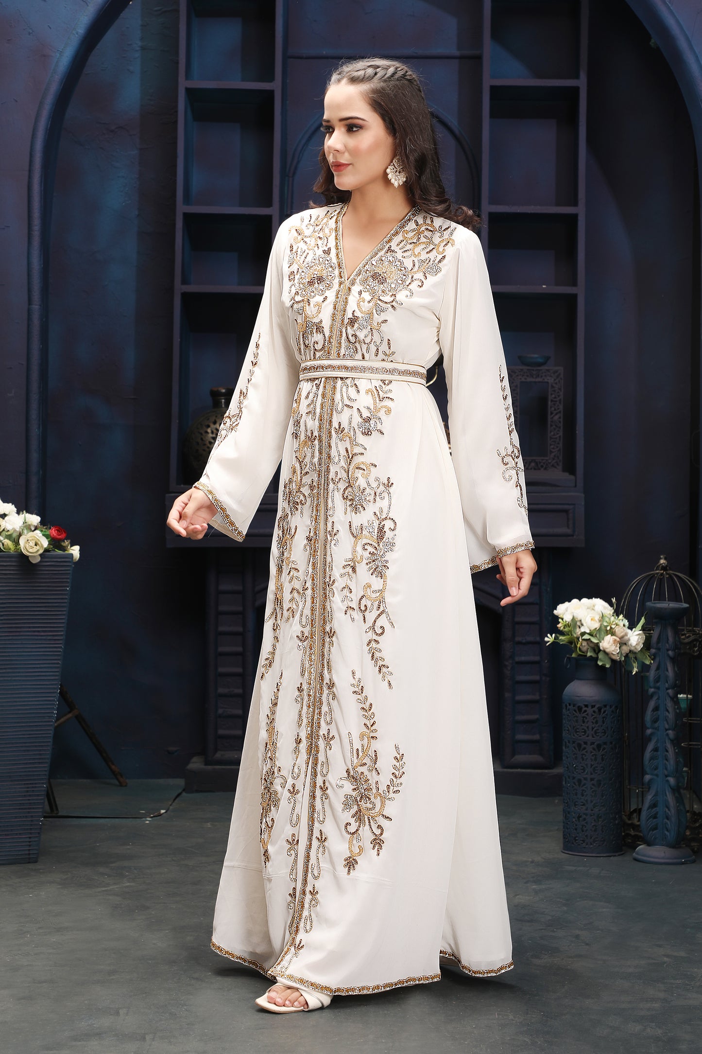Modest Off-White Kaftan Dress with Premium Gold Embellishments 2XL / 58 / Matching Embroidered Scarf (24 X 71 Inches) Modest Off-White Kaftan Dress with Premium Gold Embellishments 2XL / 58 / Matching Embroidered Scarf (24 X 71 Inches)